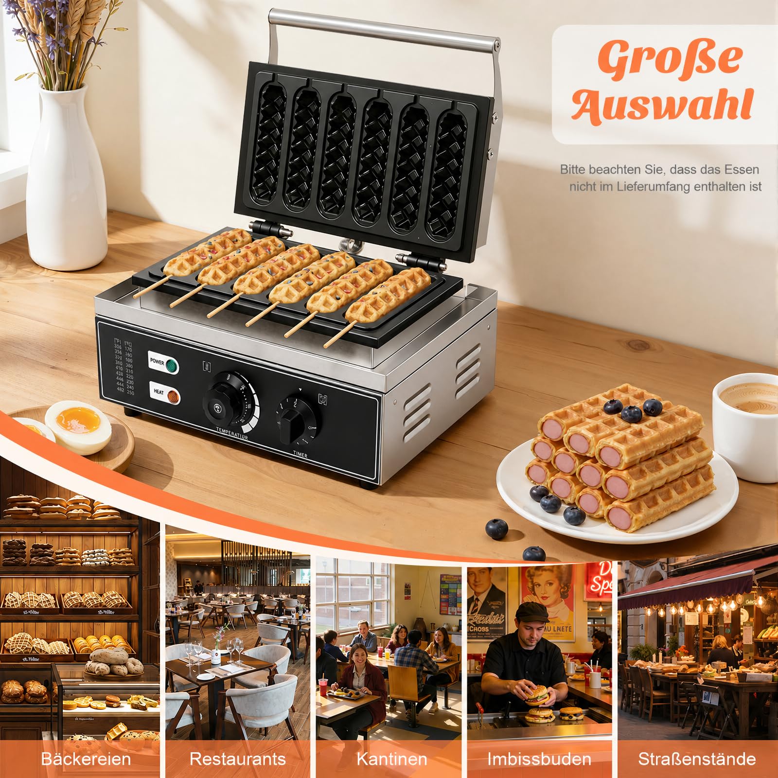 Waffeleosen, 1500W Edelstahl Waffeleisen 6 Waffeln waffeleisen am stiel Antihaftbeschichtung Waffeln Am Stiel Waffelsticks Corn Dogs für Waffeln Am Stiel Waffle Bäckereien, Restaurants