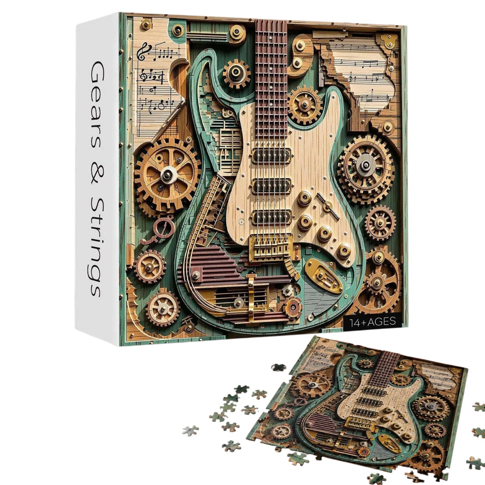 Gears & Strings 1000-Piece Steampunk Guitar Puzzle, Vintage Guitar 1000 Pieces Puzzle, Detailed Steampunk Artwork for Display as Home Decor