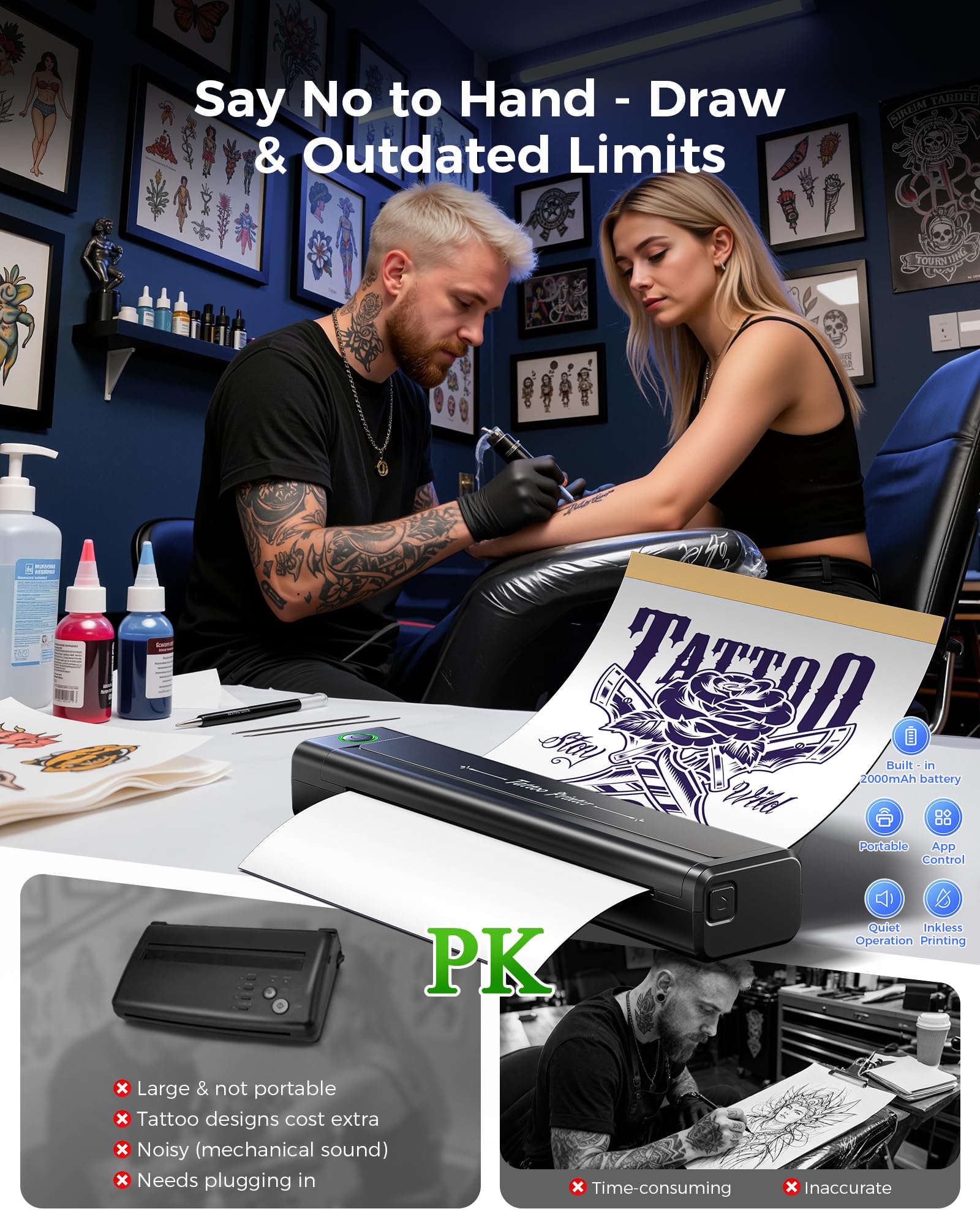 Veson H1 Termocopiadora Tattoo Bluetooth, Impresora Termica Tattoo Profesional Compatible con Phone y Tablet, Stencil Impresora para Tatuajes con 10pcs Termocopiadora Tatuaje Papel de Tatuaje