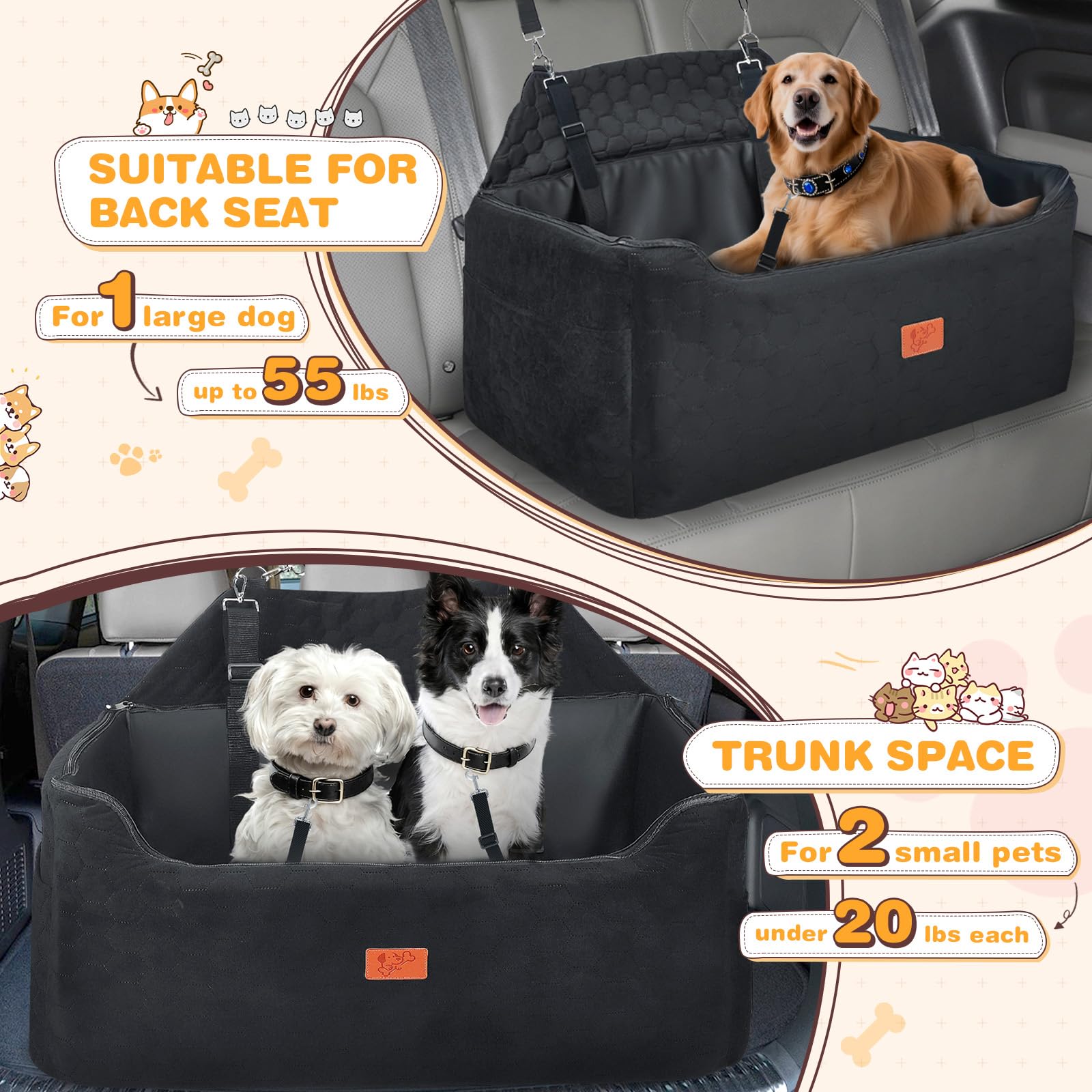 Asiento de Coche para Perros 78x55x53CM Extraíble Lavable Impermeable Negro