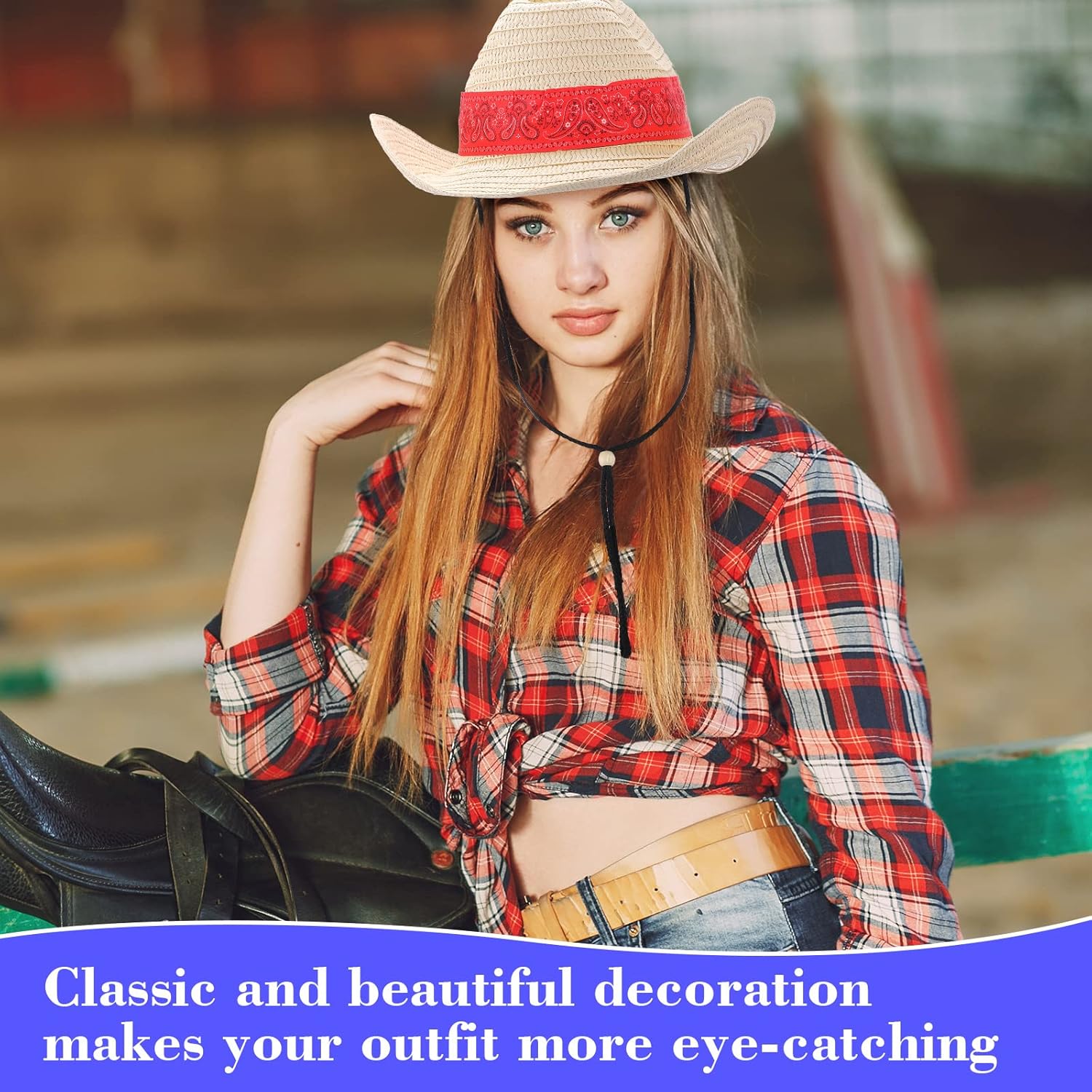 Miniatura 4 de Leumoi 12 sombreros de vaquero occidental con bandana roja, sombrero clásico de paja de vaquero para vaquero, roeo, fiesta temática, cosplay,