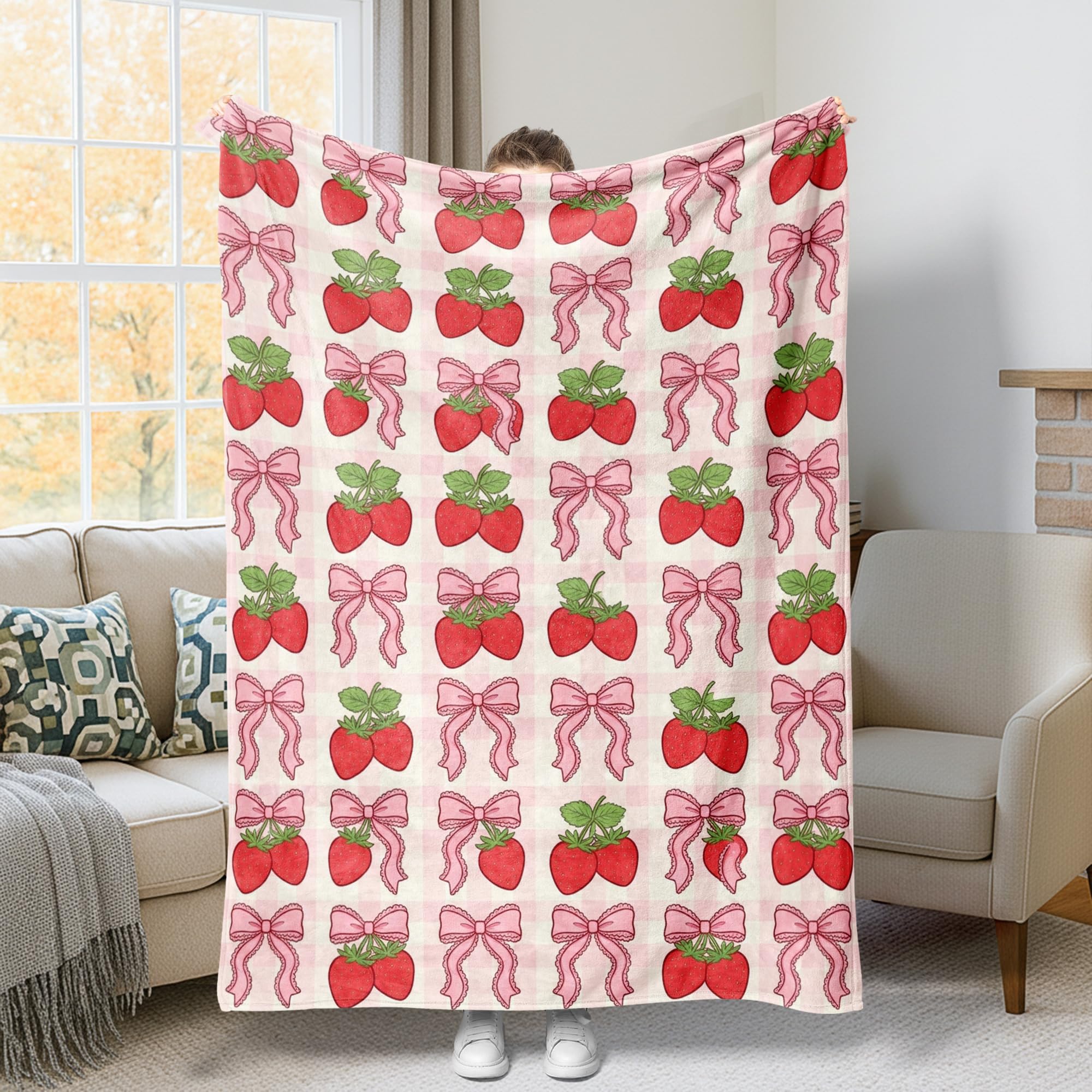 Couverture flanelle douce contre le froid au bureau et dortoir motif fraise