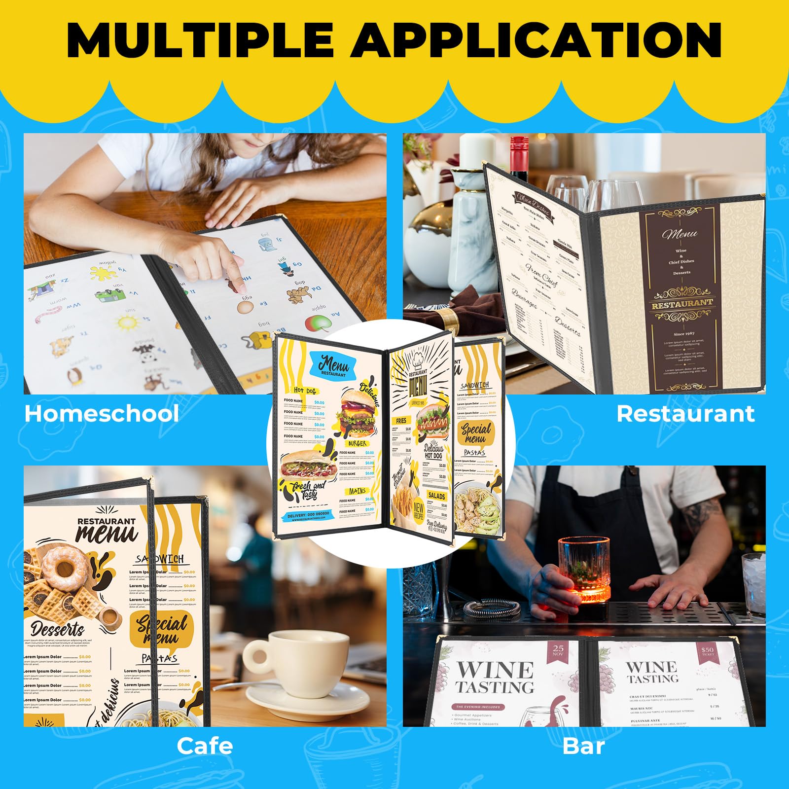 DASBET Copertine per menù A4, 3 pagine e 6 visualizzazioni, trasparenti, colore nero, con protezioni angolari in metallo, adatte per ristoranti, bar, caffè (5, 3 pagine, 6 visualizzazioni)