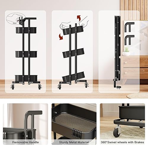 Miniatura 4 de DTK Mini carrito plegable de 3 niveles, carrito utilitario de metal con ruedas con bloqueo, carrito de almacenamiento plegable para sala de estar,