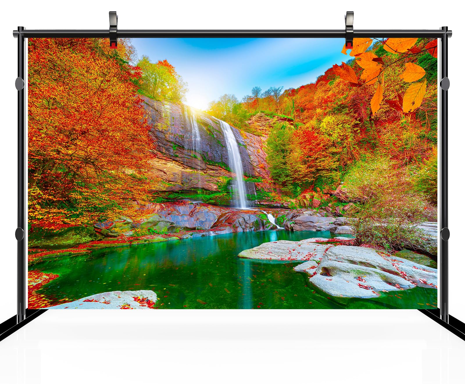CHNYWORK 7x5ft Autumn Waterfall Backdrop Colorful Forest Rock Lake Blue Sky Sunrise Scenery Background Fall Season Hiking Camp Wedding Birthday Party