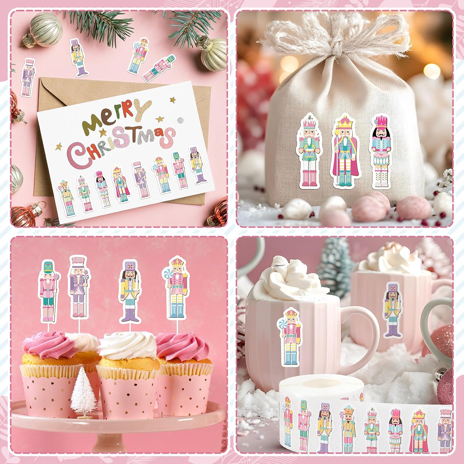 Whaline 1000 Pcs Christmas Nutcracker Stickers Roll Pink Cartoon Nutcracker Self-Adhesive Decals for Xmas Birthday Holiday Scrapbook Journal Envelope Decor, 8 Designs