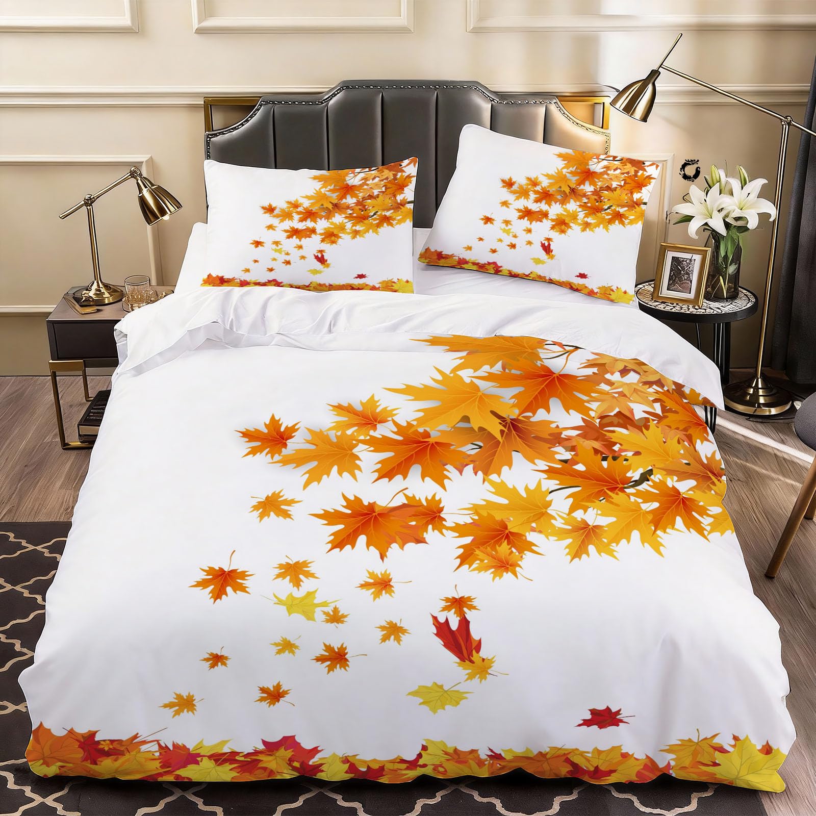 3D Maple Orange Duvet Cover Cartoon Bedding Super King Bed Set, Soft Microfiber Comforter Cover Printed with Zipper Closure Quilt Coverr 260x220 cm and 2 Pillowcases