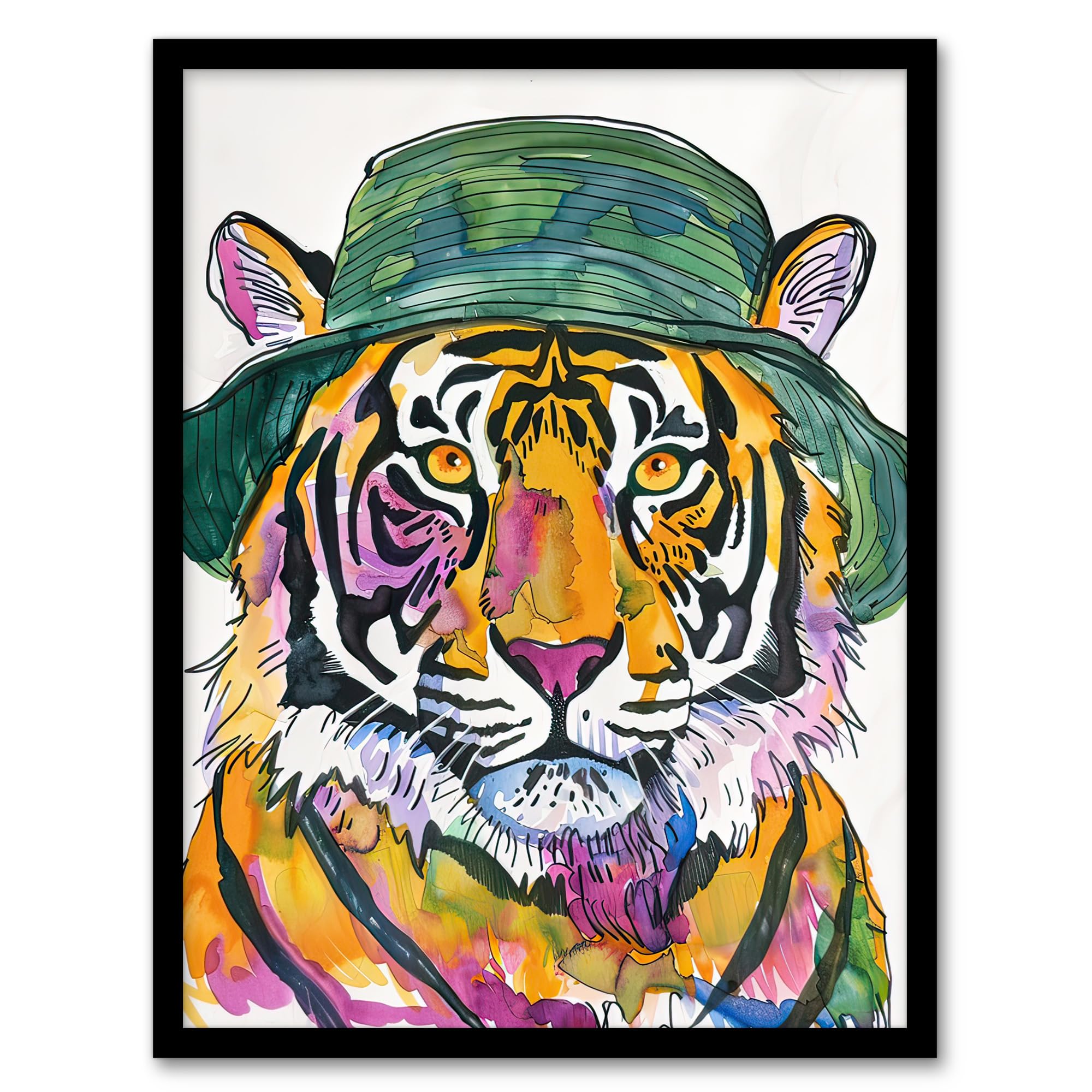 Artery8 Tiger With Bucket Hat Hip Hop Culture Fun Animal Living Room Artwork Framed Wall Art Print A4