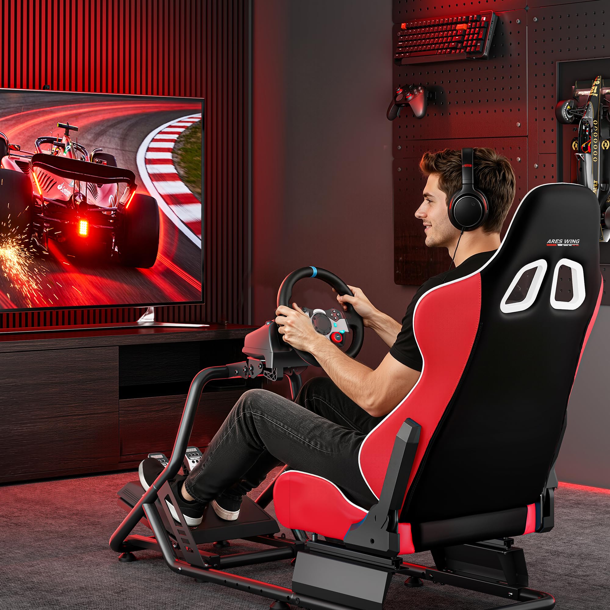ARES WING Cockpit para Simulador de Carreras con Asiento, Rojo