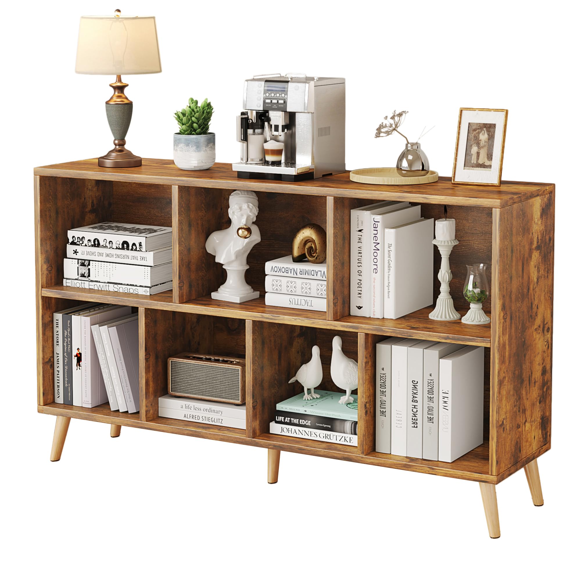 Flrrtenv 7-Cube Bookshelf, 42" Wood Bookcase with Legs, 2 Tier Vintage Bookshelves Cube Storage Shelving Unit, Freestanding Open Book Shelves for Bedroom Living Room Home Office, Rustic Brown