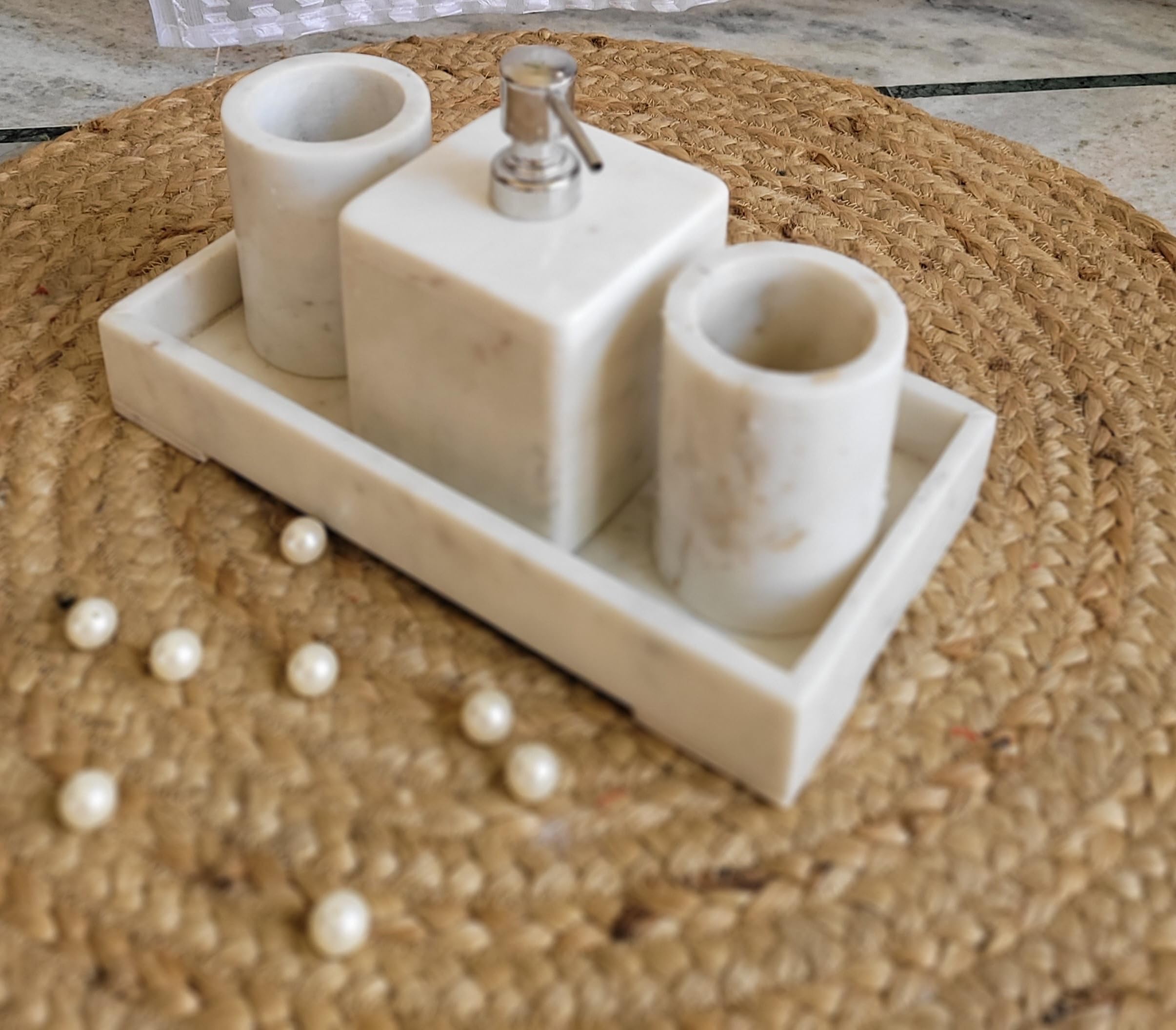 RM 4-Piece Bathroom Accessories Set,Soap Dispenser,Tray,Tumbler, Marble Set Rameshwaram Marble, Bathroom Accessory