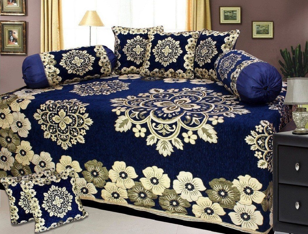 Polycotton Premium Design Diwan Set-Set of 8-Blue-image-35