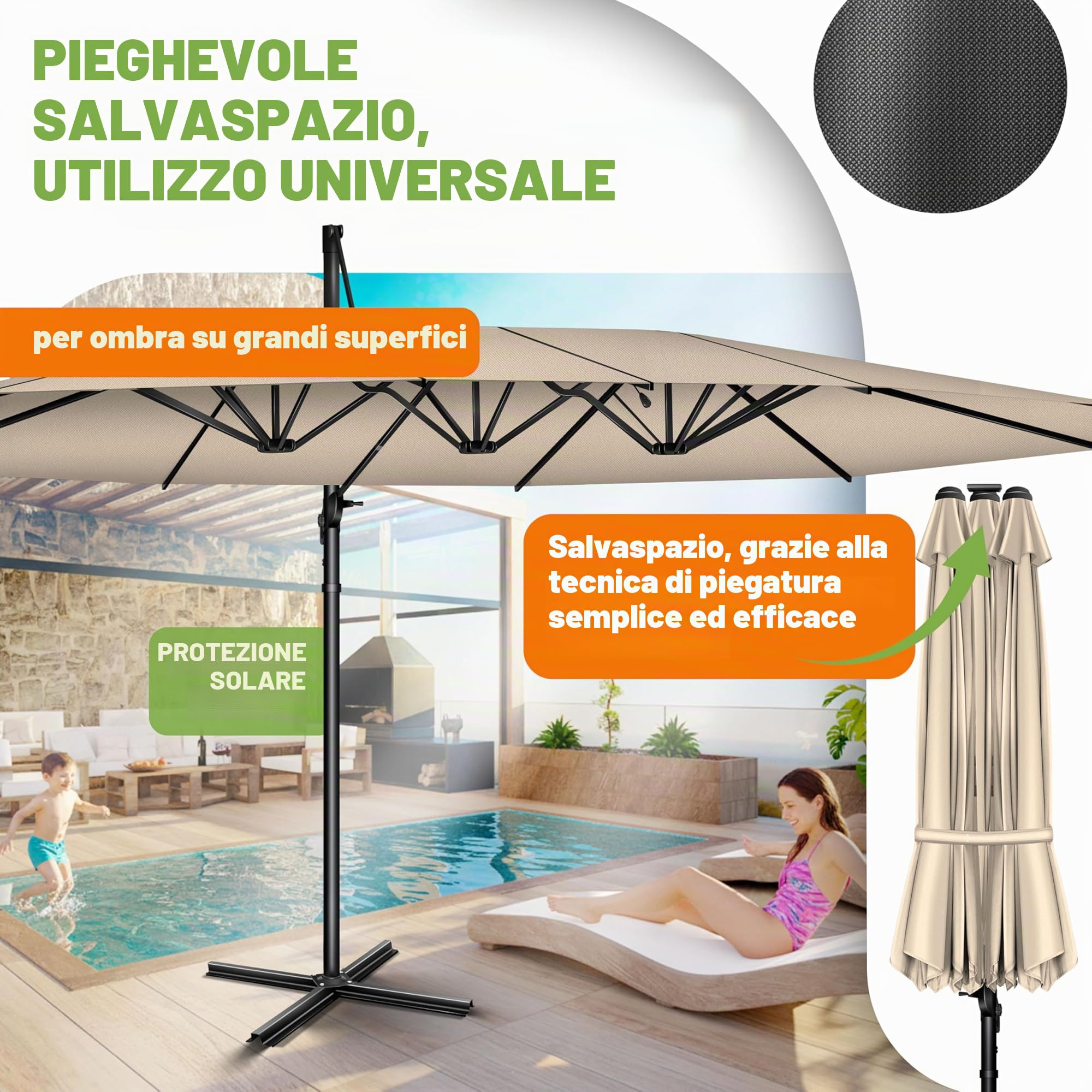 KESSER Ombrellone doppio, 4,6 m x 2,7 m, copertura per ombrellone e protezione antivento con manovella e supporto, in alluminio impermeabile, inclinabile, girevole a 360°, beige., Ohne LED