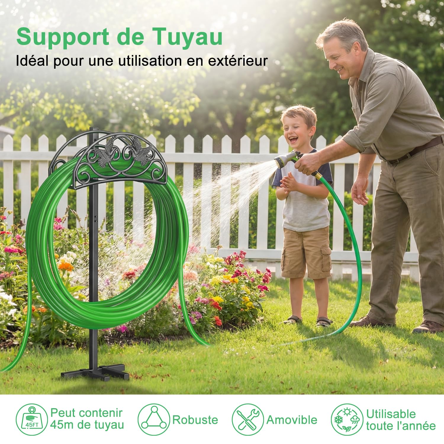 Support pour Tuyau d'arrosage de 109,5 cm, support sur pied en forme d'oiseau, support métallique amovible pour tuyau d'arrosage, pour le jardin et la pelouse