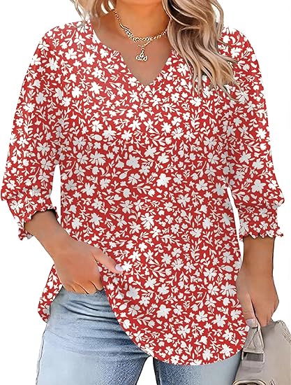 Rapbin Womens Plus Size Tops 3/4 Sleeve Blouses Shirts Casual V Neck Loose Tunic Tops 1X-5X