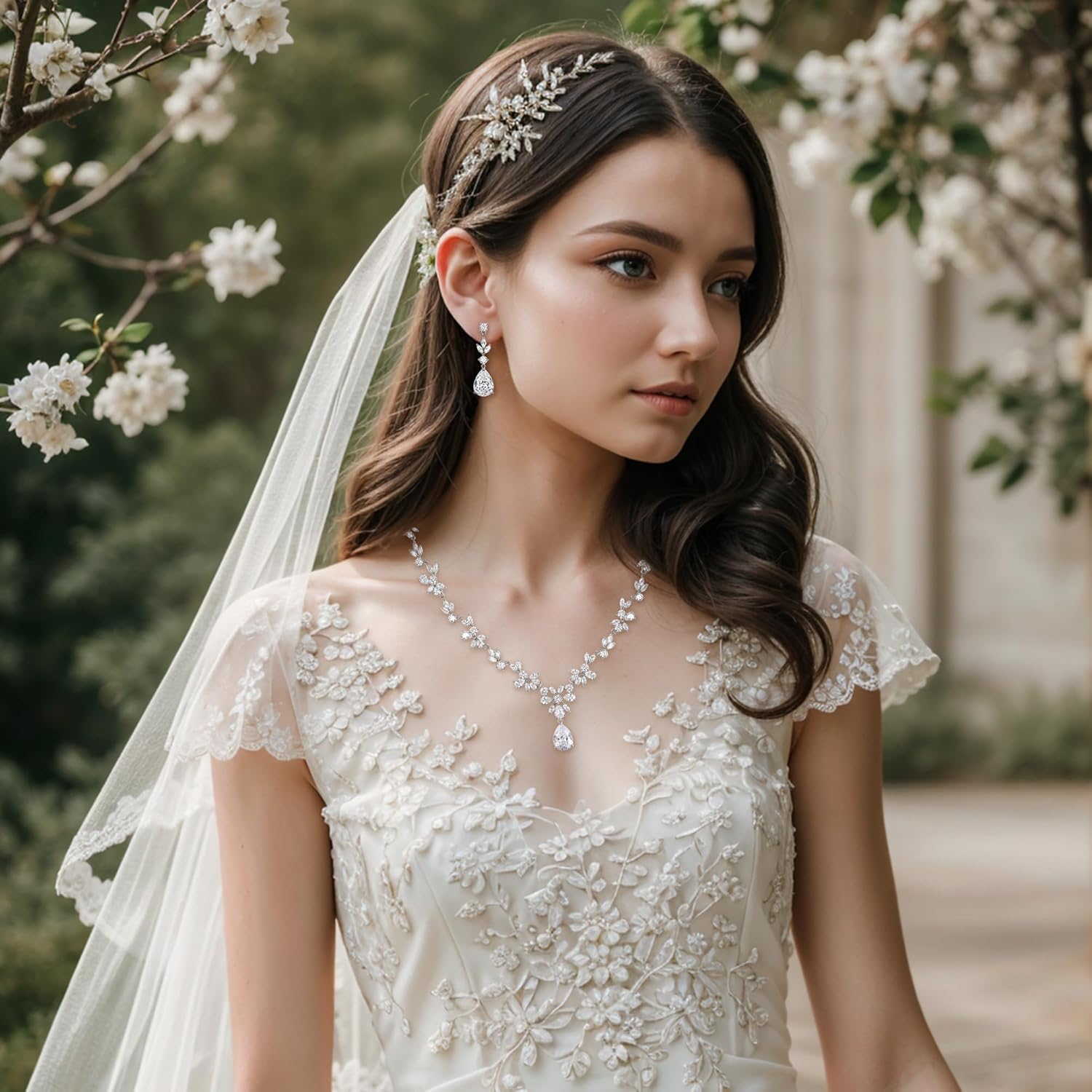 BriLove Gorgeous Wedding Jewelry Set for Women Bridal Cubic Zirconia Marquise Teardrop Leaf Cluster Y-Necklace Dangle Earrings Link Bracelet - Image 3