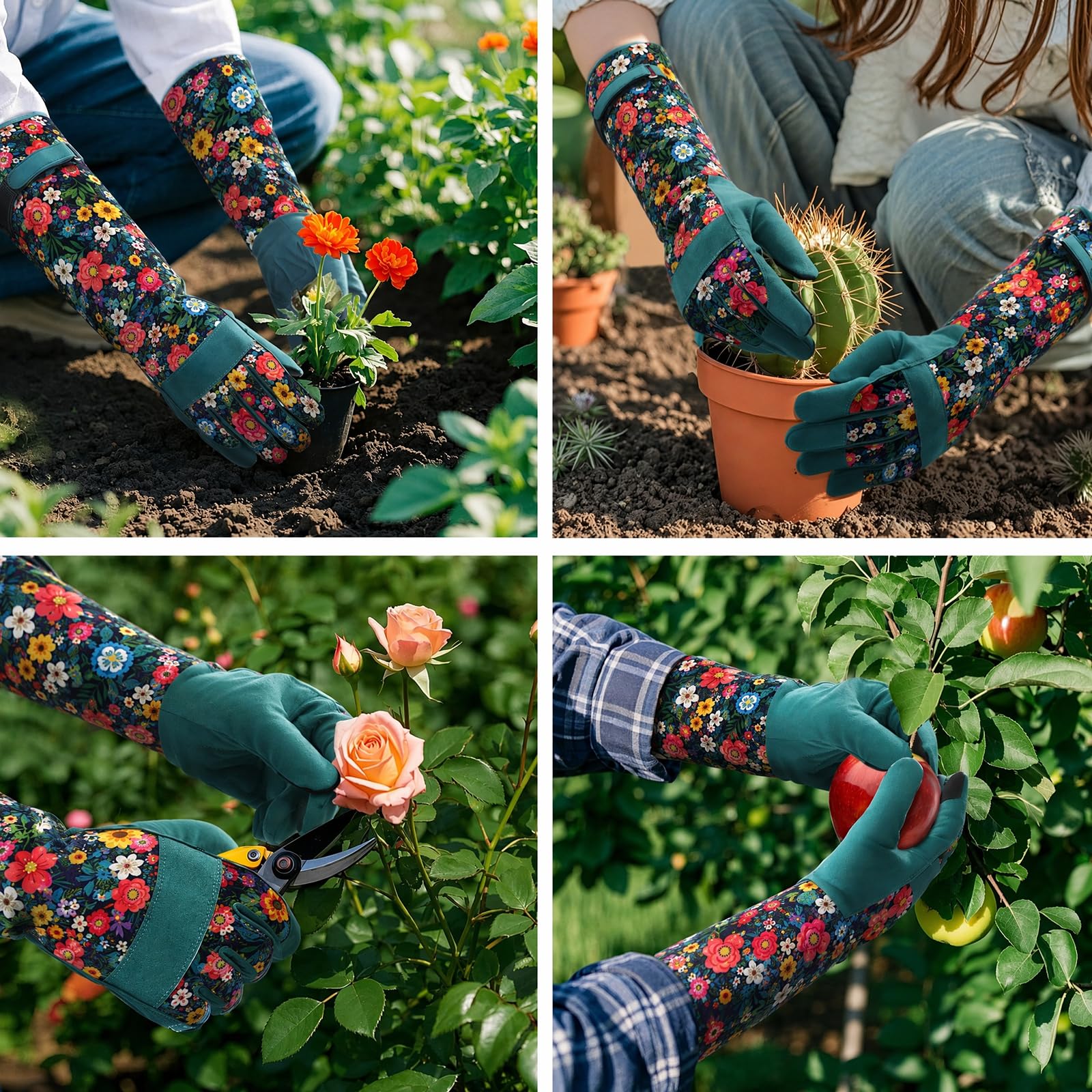 Gants de jardinage pour femme – Gants de jardin longs respirants avec poignée, gants de travail en cuir résistant aux perforations pour la cour et le travail en plein air, gants de protection pour
