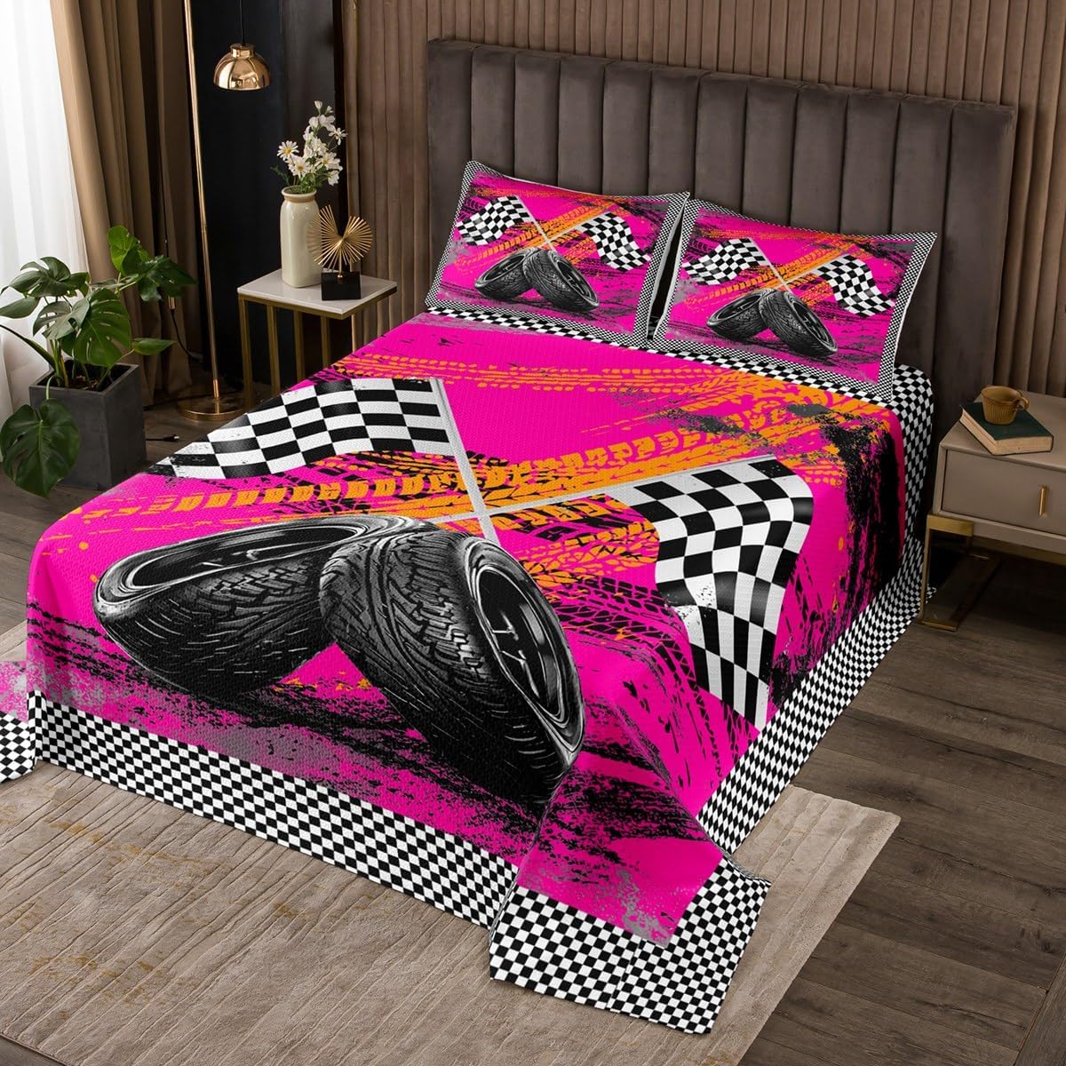 Erosebridal Cartoon Truck Coverlet Set King Size Cool Racing Car Bedding Set for Kids Girls Boys Black and White Checkered Quilted Coverlet Grey Race Tire Tracks Oil Painting Extreme Sports Quilted