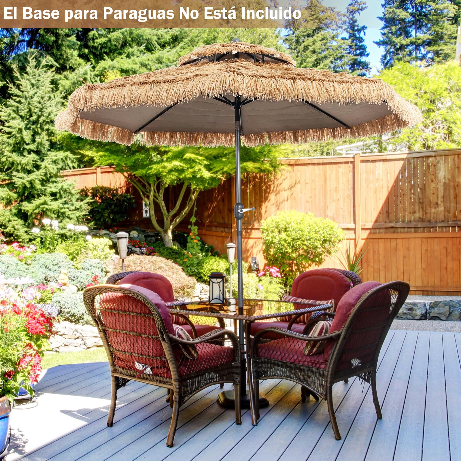 GOPLUS Sombrilla Paja Hawaiana 3/2,7m, Parasol de Jardin Inclinable con 8 Varillas, Sombrilla Terraza Exterior con Techo Doble para Piscina，Patio
