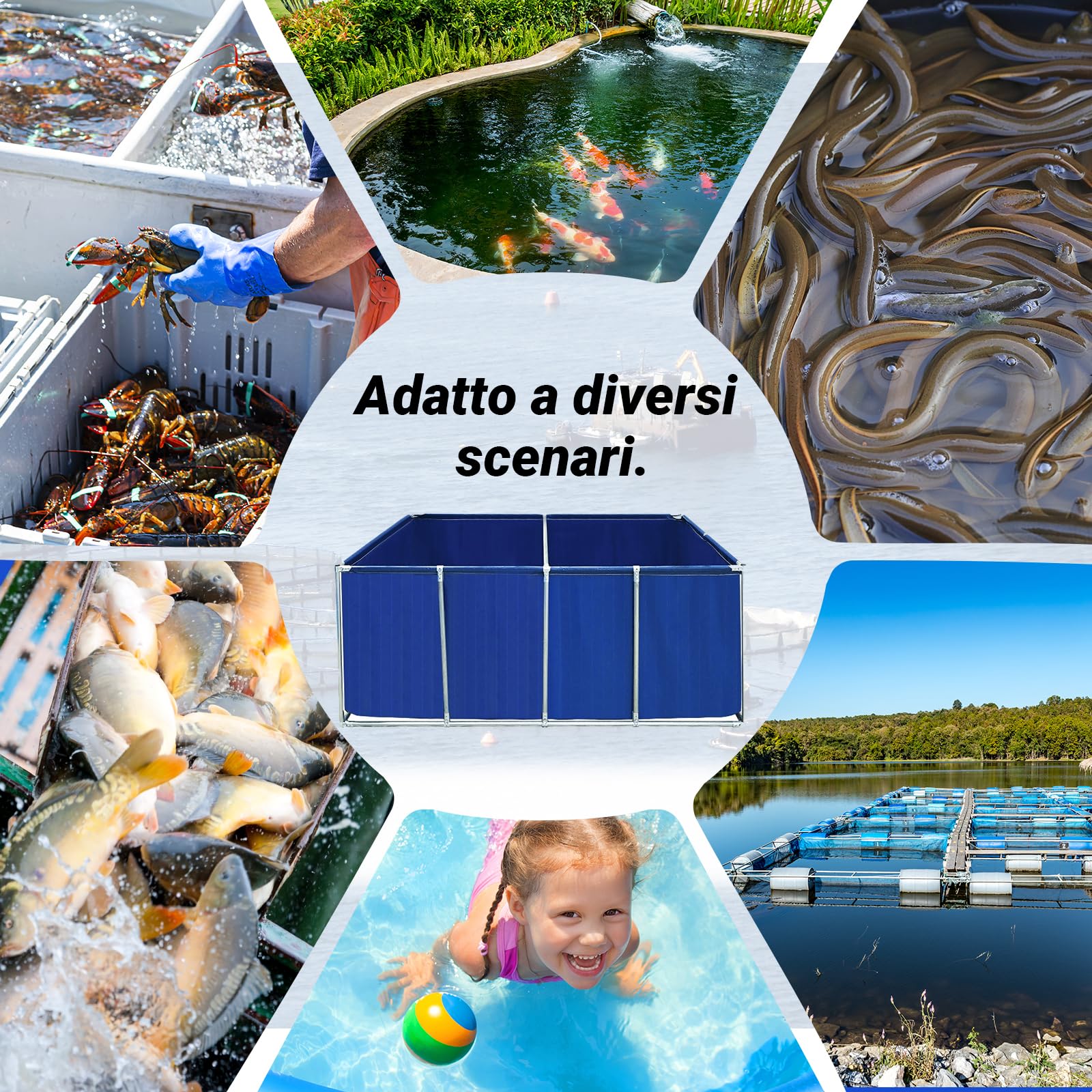 Laghetti da Giardino Fuori Terra Serbatoio Professionale per Acqua Salata con Sistema di Ricircolo - per Crostacei e Organismi Marini | 3x1x0.9m | Blu