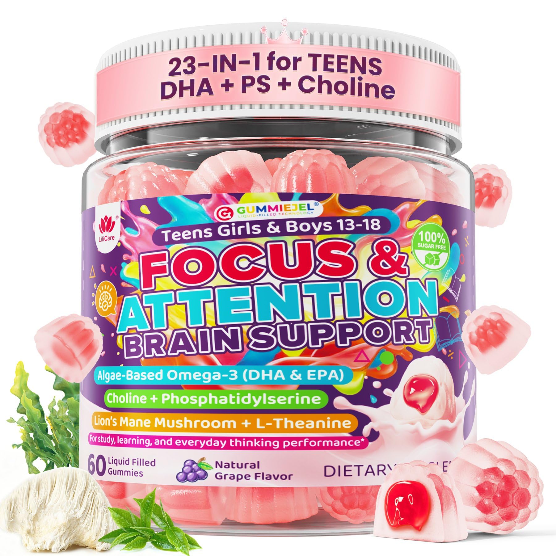 LILICARE Teen Brain Focus Gummies with Omega-3 DHA, Lion's Mane Mushroom,PS 60 Count (Pack of 1) Teens Brain Gummies, 60 Count