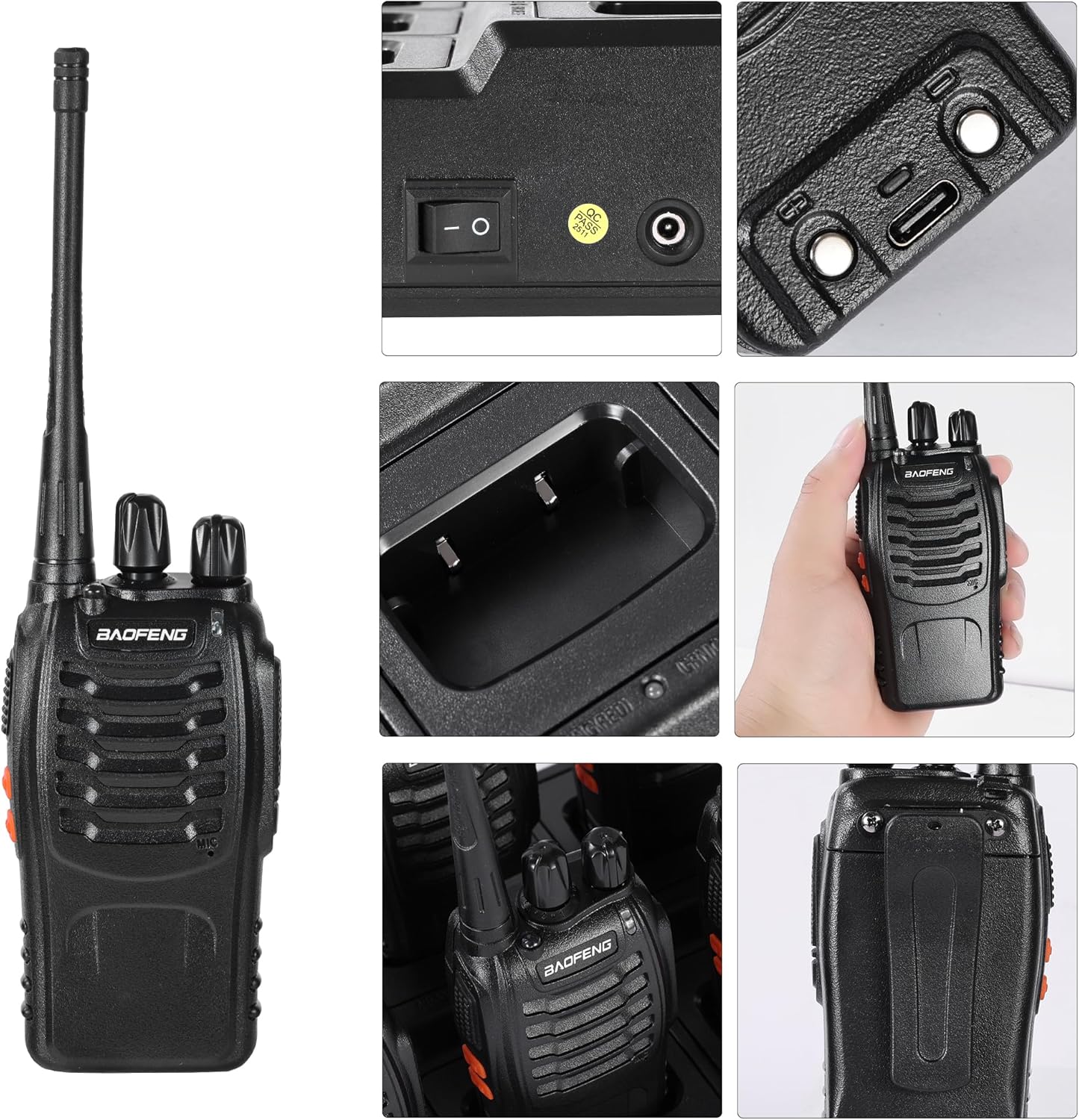 BAOFENG BF-888S Plus Walkie Talkie with Wireless Copy Frequency, with 6-Way Charger,1500mAh 16 Channel Type C Charging,Long Range Two Way Radios,for Team Business Hunting(Black,12PCS)