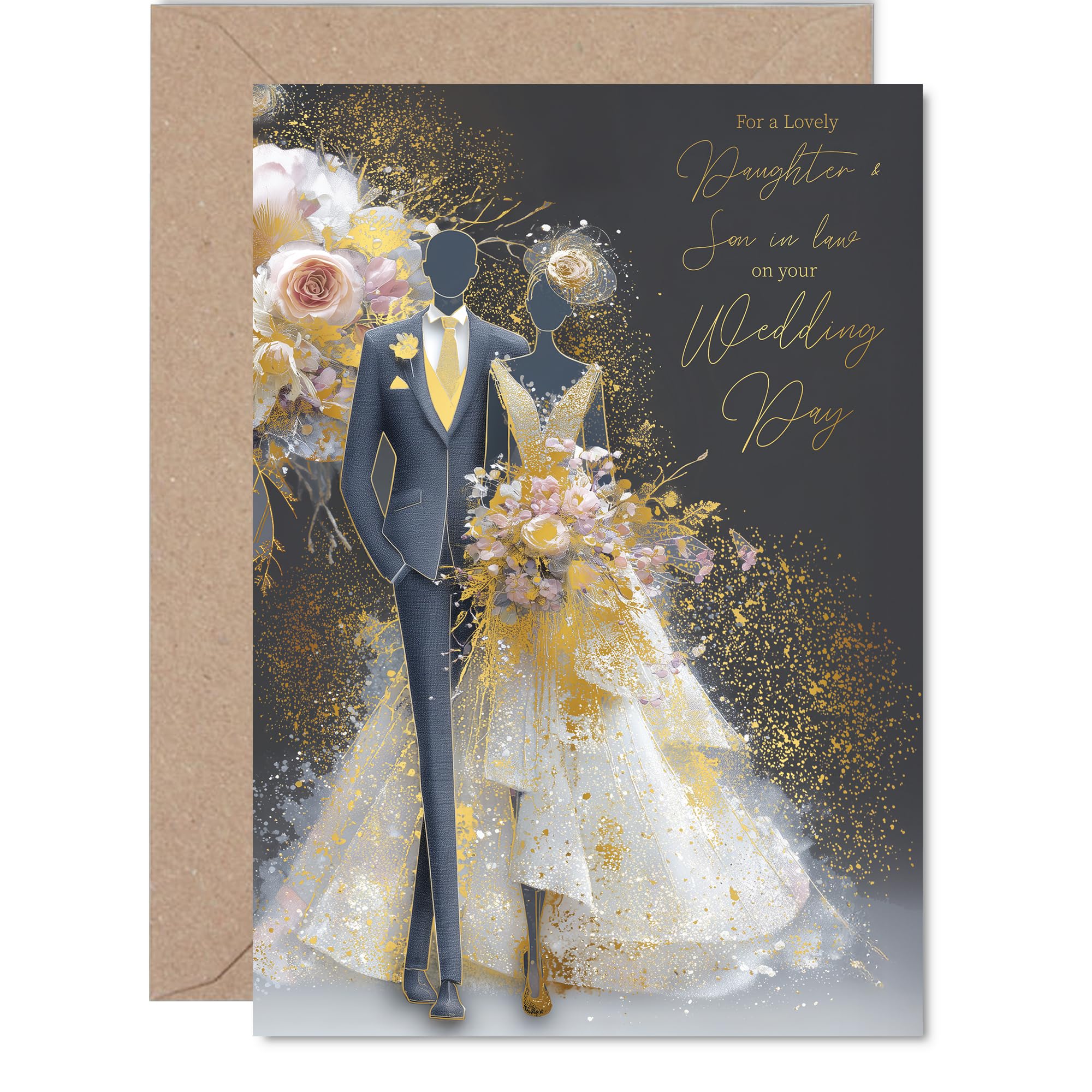 Gold Daughter & Son in Law Wedding Card, Elegant Bride & Groom
