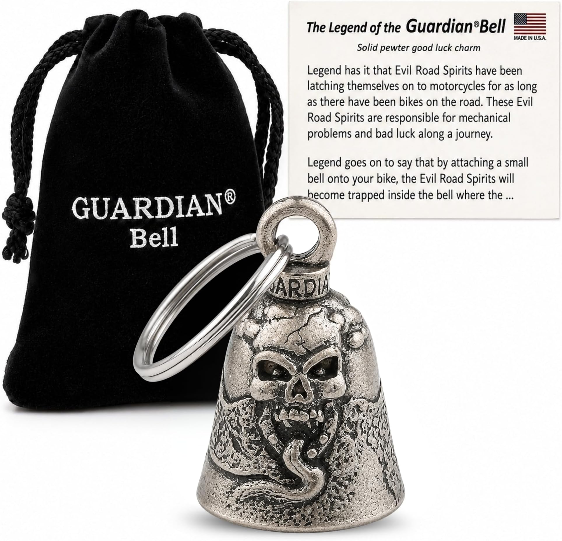 Guardian Bell Good Luck Bell w/Keyring & Black Velvet Bag | Motorcycle Bell | Lead-Free Pewter | Made in USA