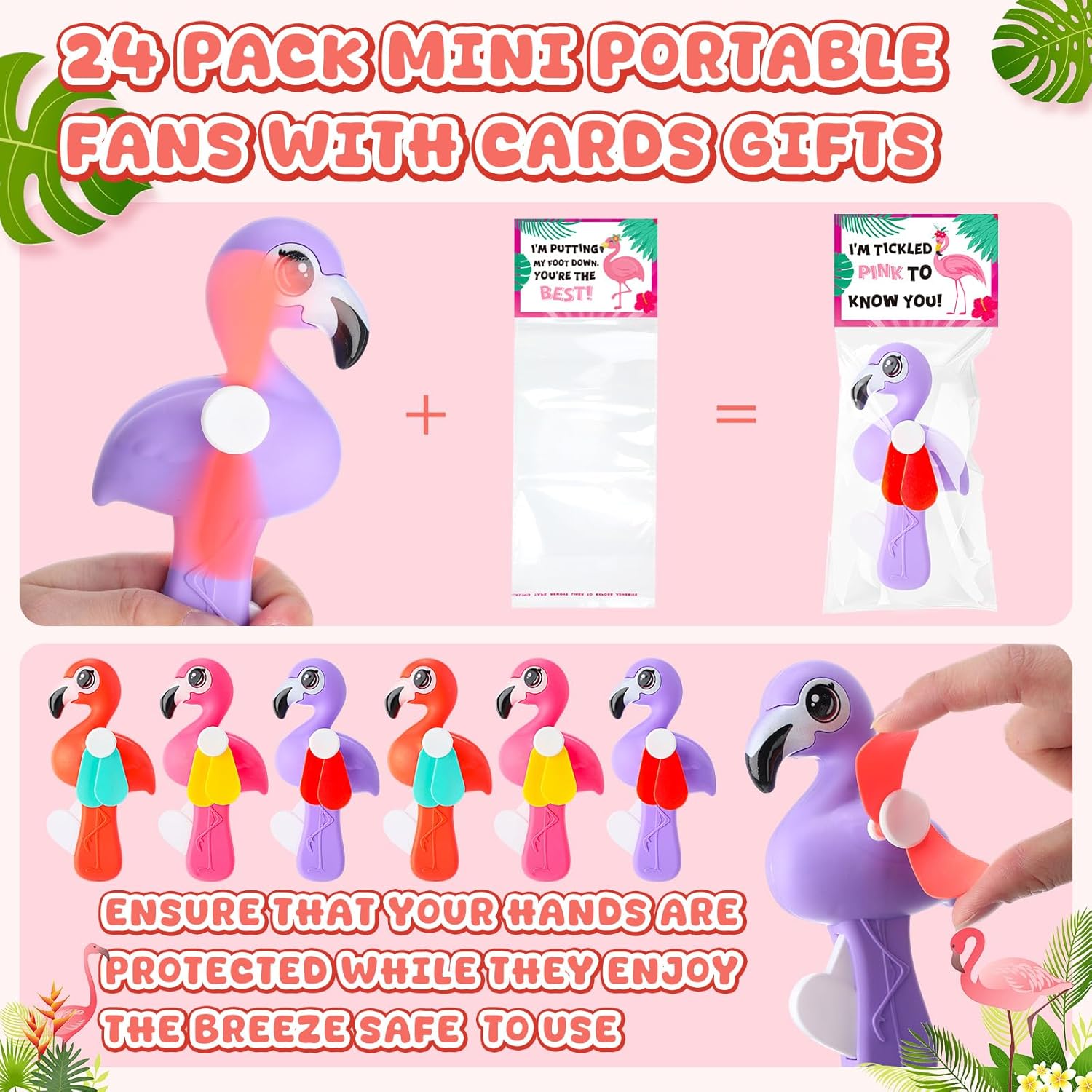 24 Pack Mini Portable Fans with Cards Gifts Cute Animal Fruit Ice Cream Handheld Press Cooling Fans for Summer Birthday Party End of the Year Pool Outdoor Activity Prize Exchange (Flamingo)