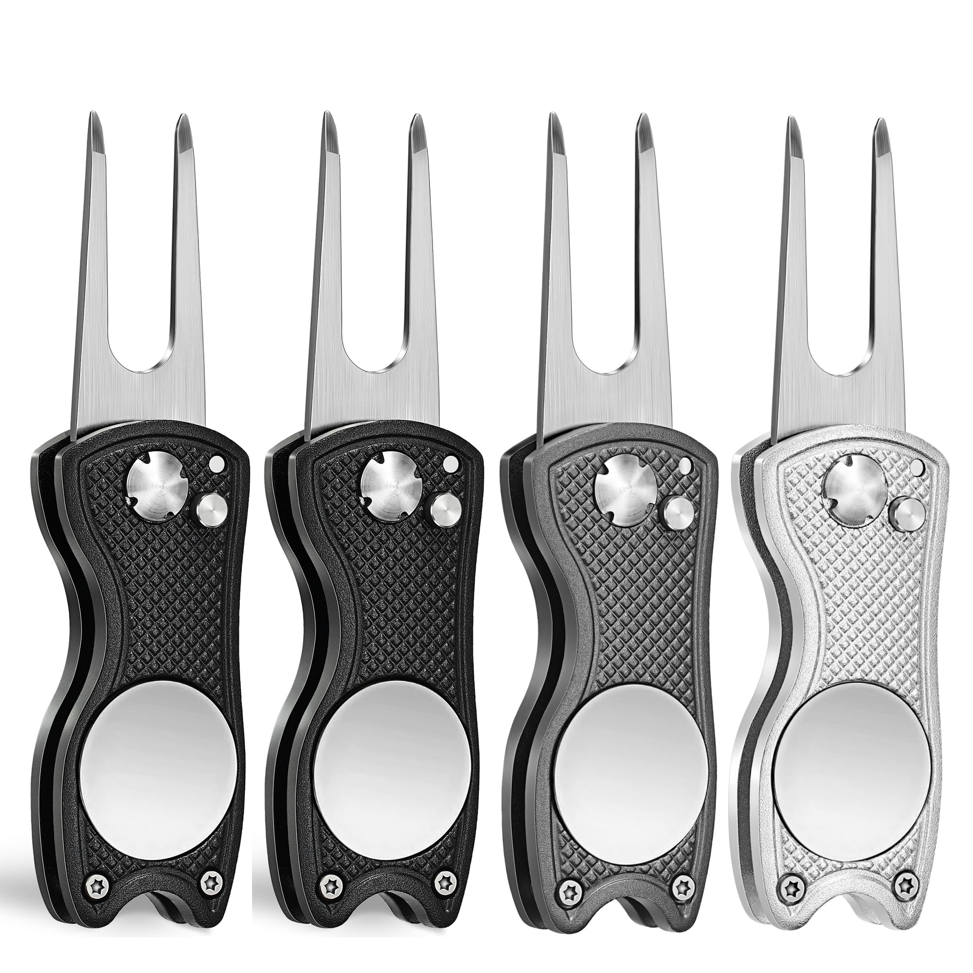 Mile High Life 4 Pack Golf Divot Repair Tool w Magnetic Golf Ball Marker | All Metal Foldable Divot Tool w Pop-up Button | Golf Accessories for Men (2 Black/Silver/Grey) — image 1