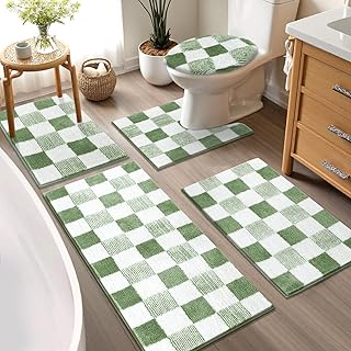 Yamaziot Checkered Bathroom Rug Sets 5 Piece, Non-Slip Ultra Absorbent M...