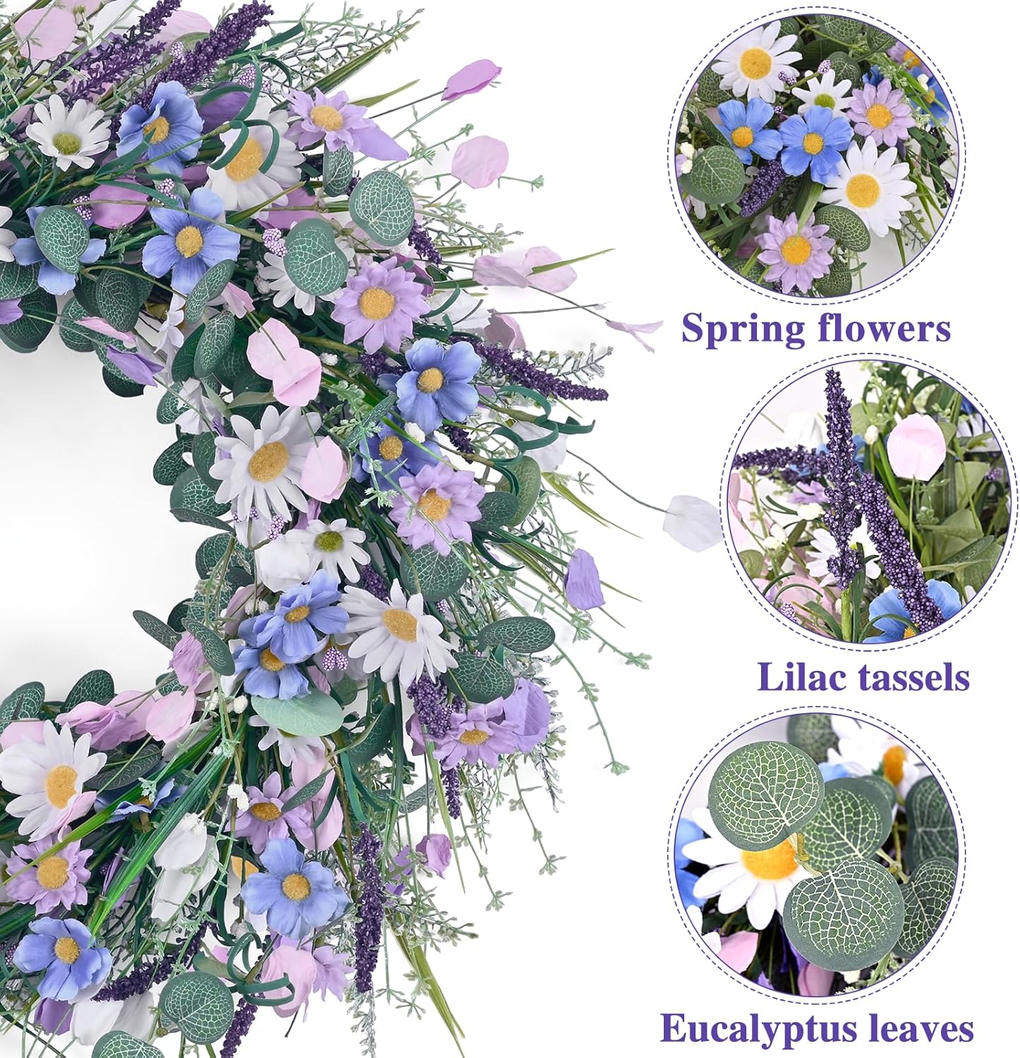 Waipfaru Spring Wreaths for Front Door, 22 Inchs Spring Daisy Wreath Summer Wreath with Floral Lanvender for Indoor Outdoor Wall Porch Window Decor and Festival Celebration