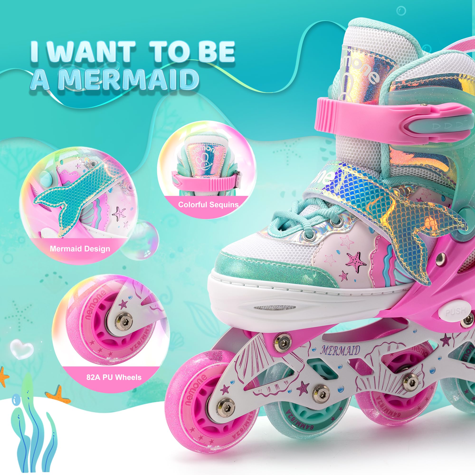 NEMONE Sirena Pattini in Linea Bambina Regolabili 8 Ruote Pattini in Linea per Bambino Bambini Regalo,Indoor Principianti Inliner Outdoor