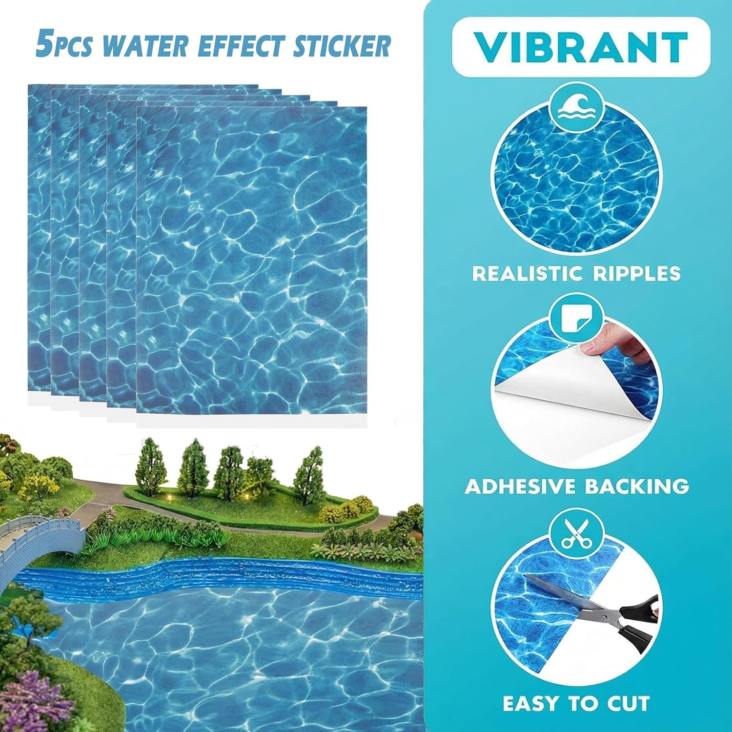 5pcs Artificial Water Effect Sticker Fake Ocean Self Adhesive Ripple Water Sticker for Miniature Train Village Model Diorama Dollhouse Landscape DIY Decoration