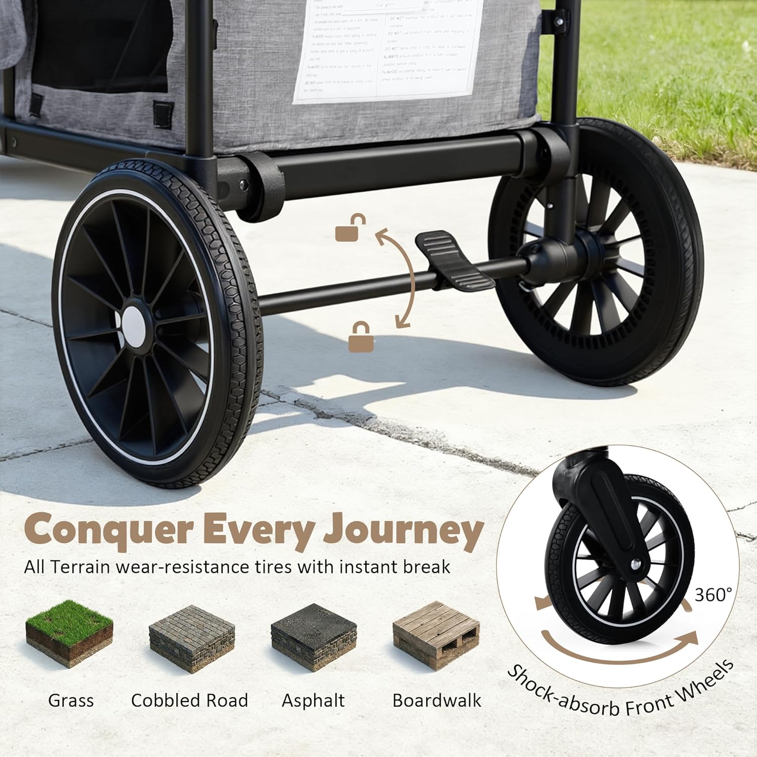 Wagon Stroller for 2 Kids, Foldable Kids Wagon Cart Featuring with Harnesses, Adjustable Double Push Handle, Removable Canopy, Snack Tray, Large Storage Bag, Gray