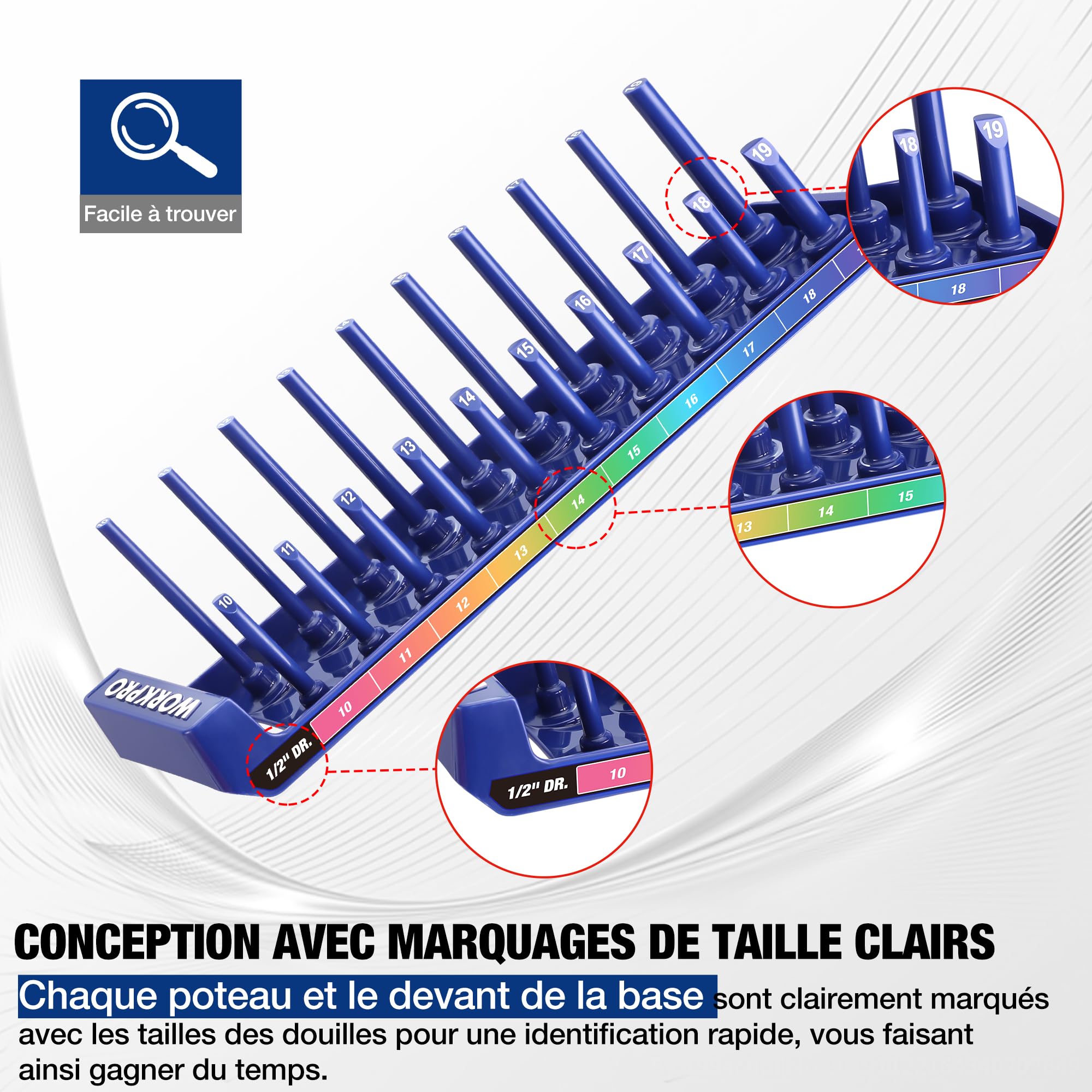 WORKPRO Kit d'Organisateur de Douilles 4 Pièces, 1/4", 3/8", 1/2" pour Douilles Métriques, Support de Rangement pour Douilles avec Plateau de Stockage, Porte-Douilles Shadow pour Organiser vos Outils