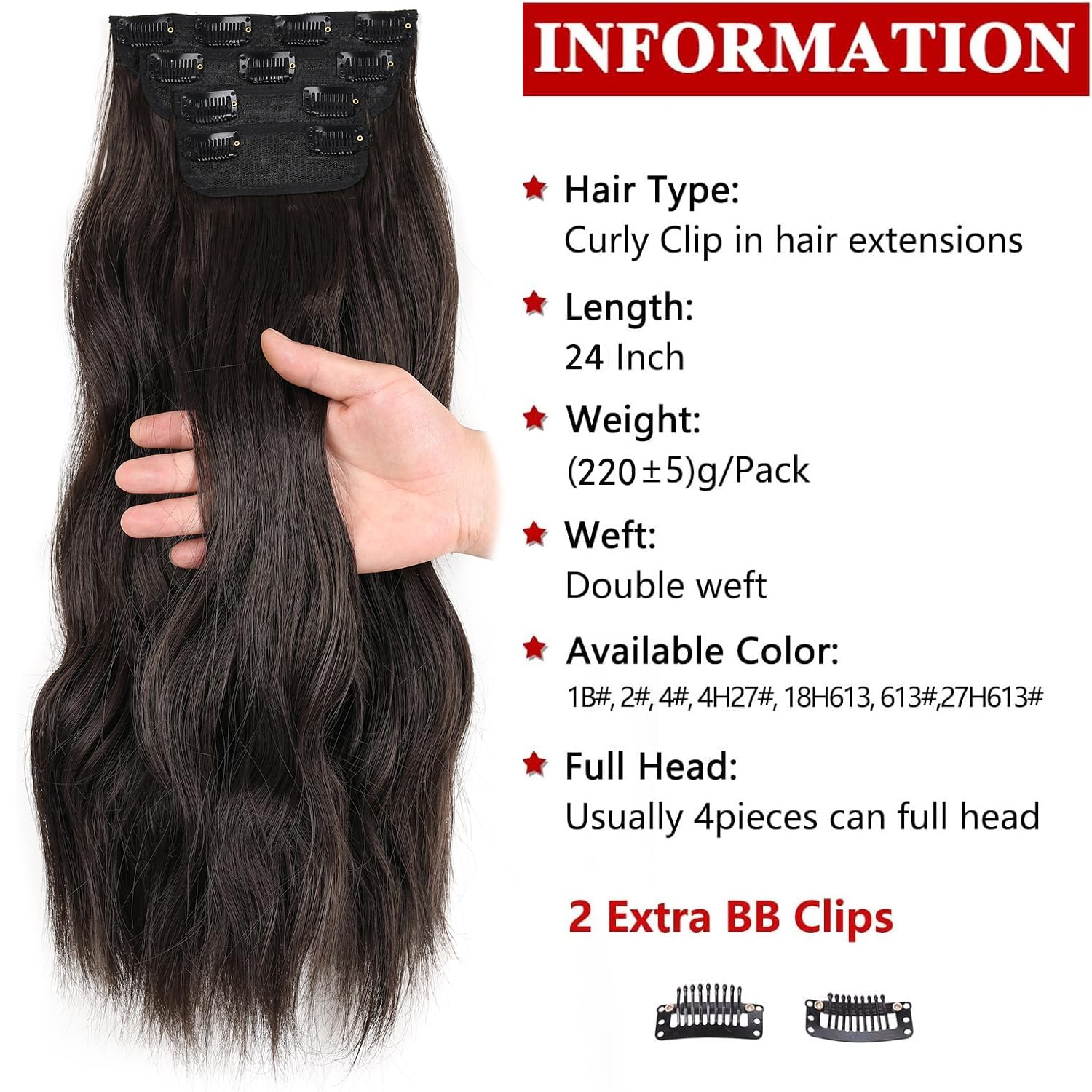 Xtrend 24Inch Long Wavy Hair Extensions Clip in Hair Extensions Synthetic Hair pieces for Women Girls 4PCS Full Head Set Thick Curly Wavy Synthetic Hair Extensions(Dark brown#) - Image 2