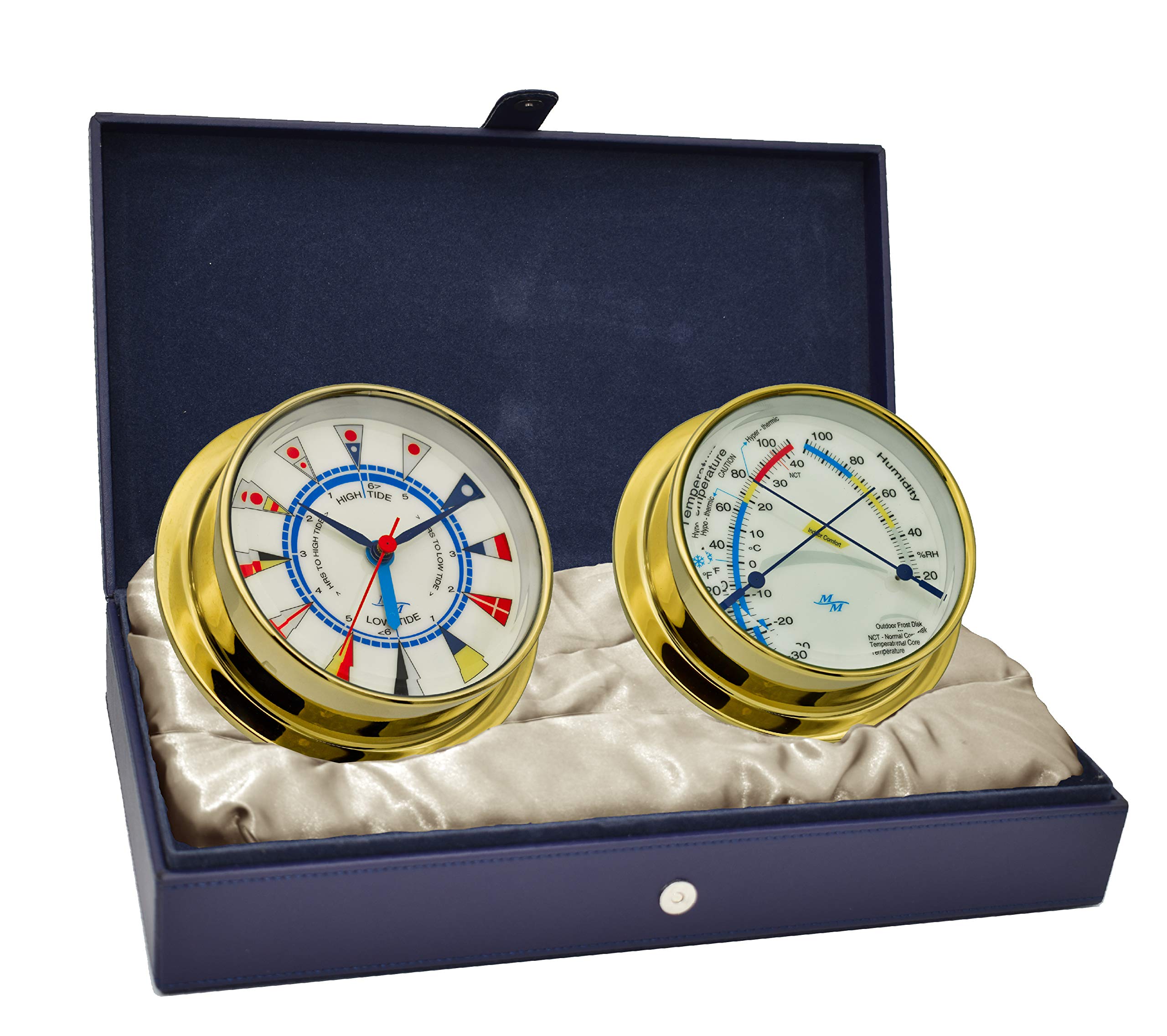 MASTER-MARINER American Voyager Collection, Nautical Cabin Gift Set, 5.75" Diameter Time & Tide Clock and Comfort Meter Instruments, Gold Finish, Ivory Signal Flag dial