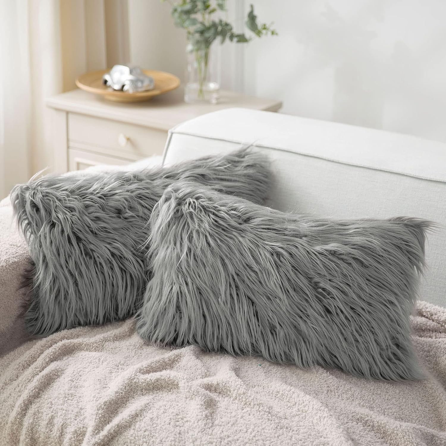 Brownmonkey Pack of 2 Faux Fur Solid Throw Decorative Pillow Cover Cushion Covers Luxury Soft Halloween Decorative Pillowcase Fuzzy Pillow Covers for Bed/Couch (Grey, 12x18)-image-44