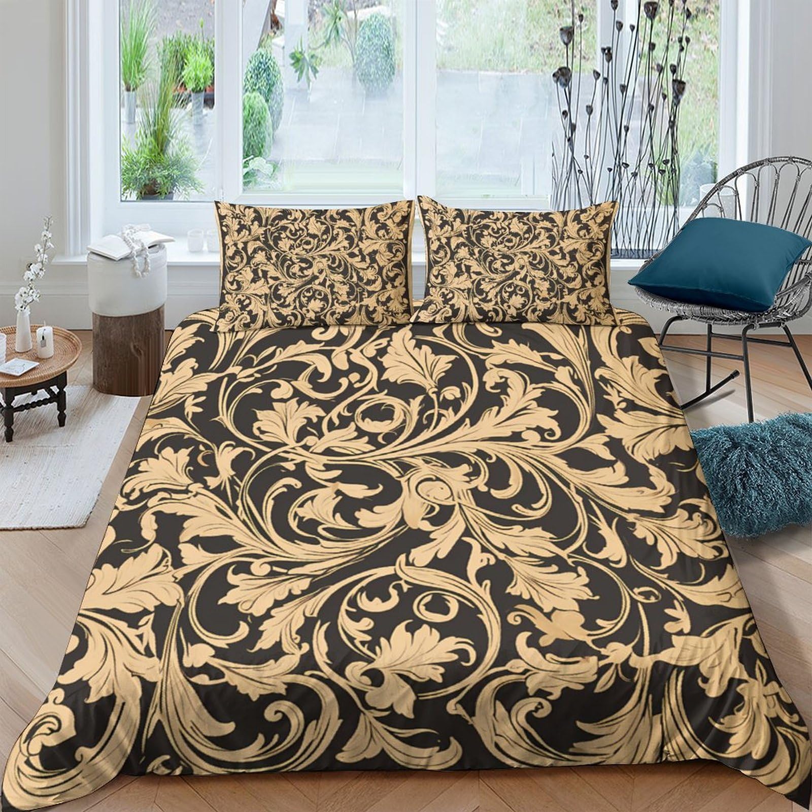 GPLZQXKJNH 3D Printed Baroque Floral Duvet Cover Microfiber Soft Breathable Vintage Scroll Bedding Set with 2 Pillowcases for Bedroom Decor UK Single（135x200cm）