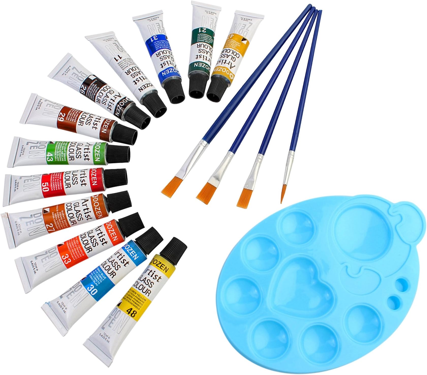 DOZEN Artist Quality 12ml Glass Color Tubes Set with 4 Paint Brushes & Palette, 12 Colors Set