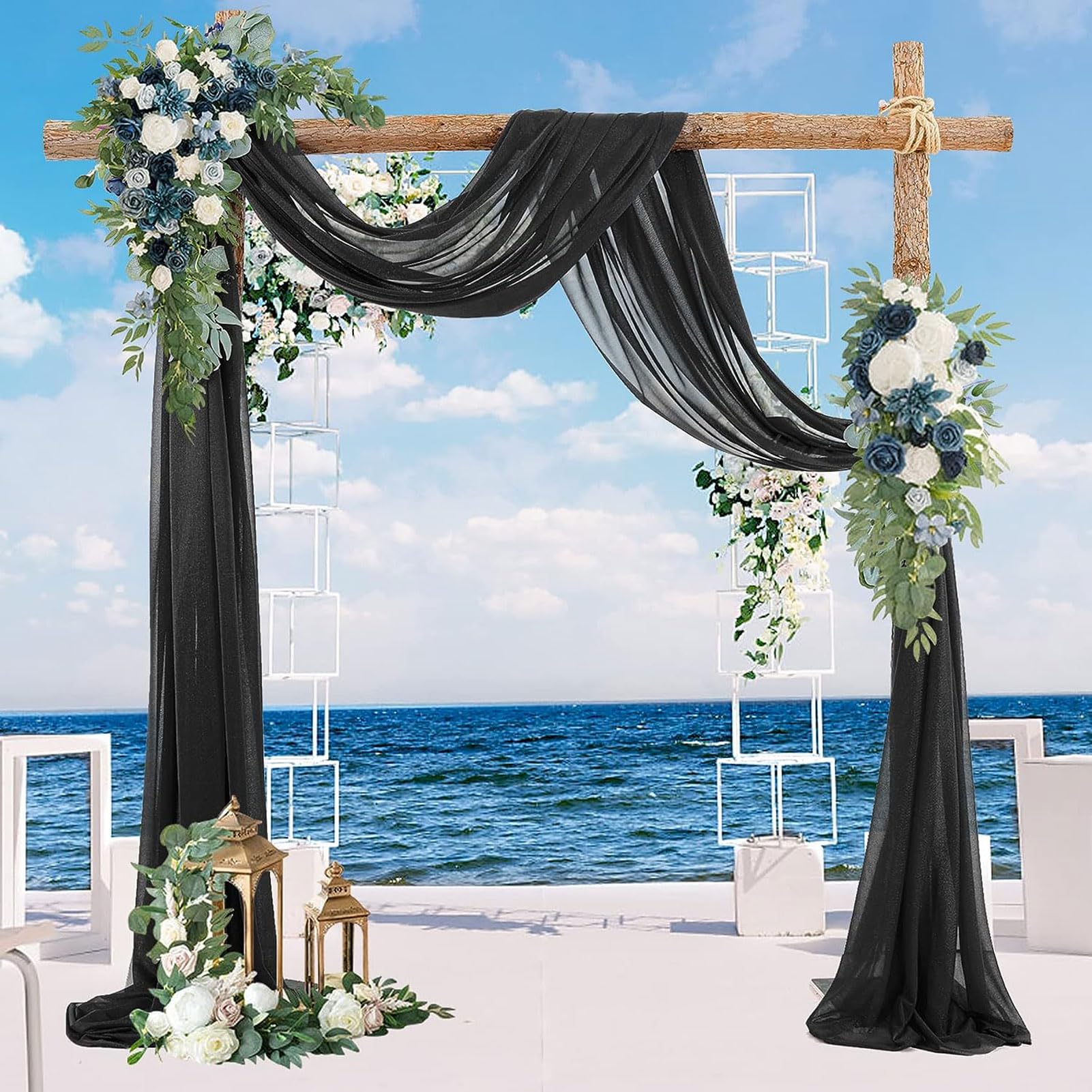 HUHJYUGE Querbehang Schwarz Hochzeitsbogen Deko Gardinen Hochzeit Vorhang Tüllstoff Freihanddeko Gardinen Chiffon vorhänge Freihandbogen Hochzeitsvorhang (1 600cm)