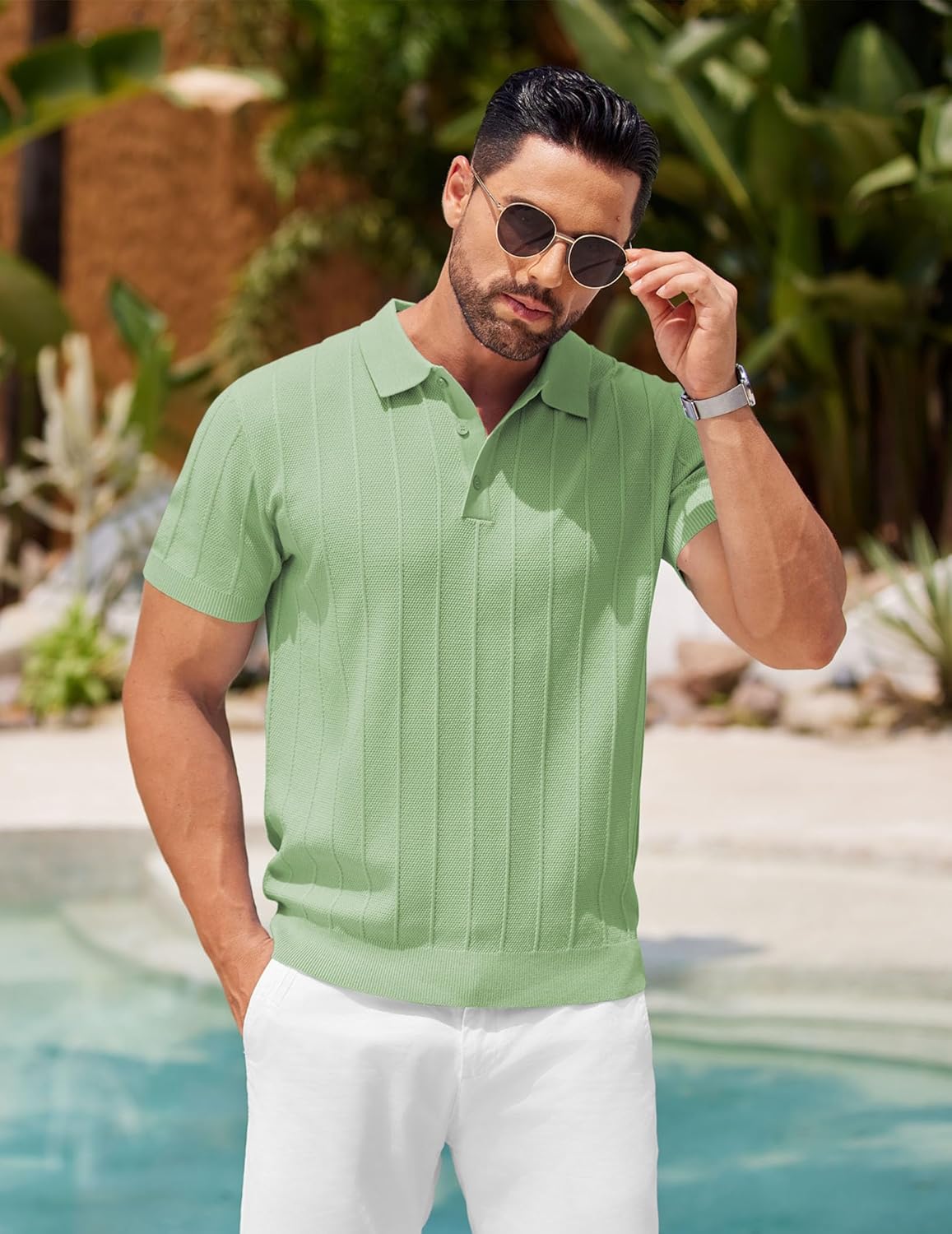 COOFANDY Mens Knit Polo Shirts Short Sleeve Ribbed Textured Polo Shirt Lightweight Casual Golf Shirts Collared T Shirt
