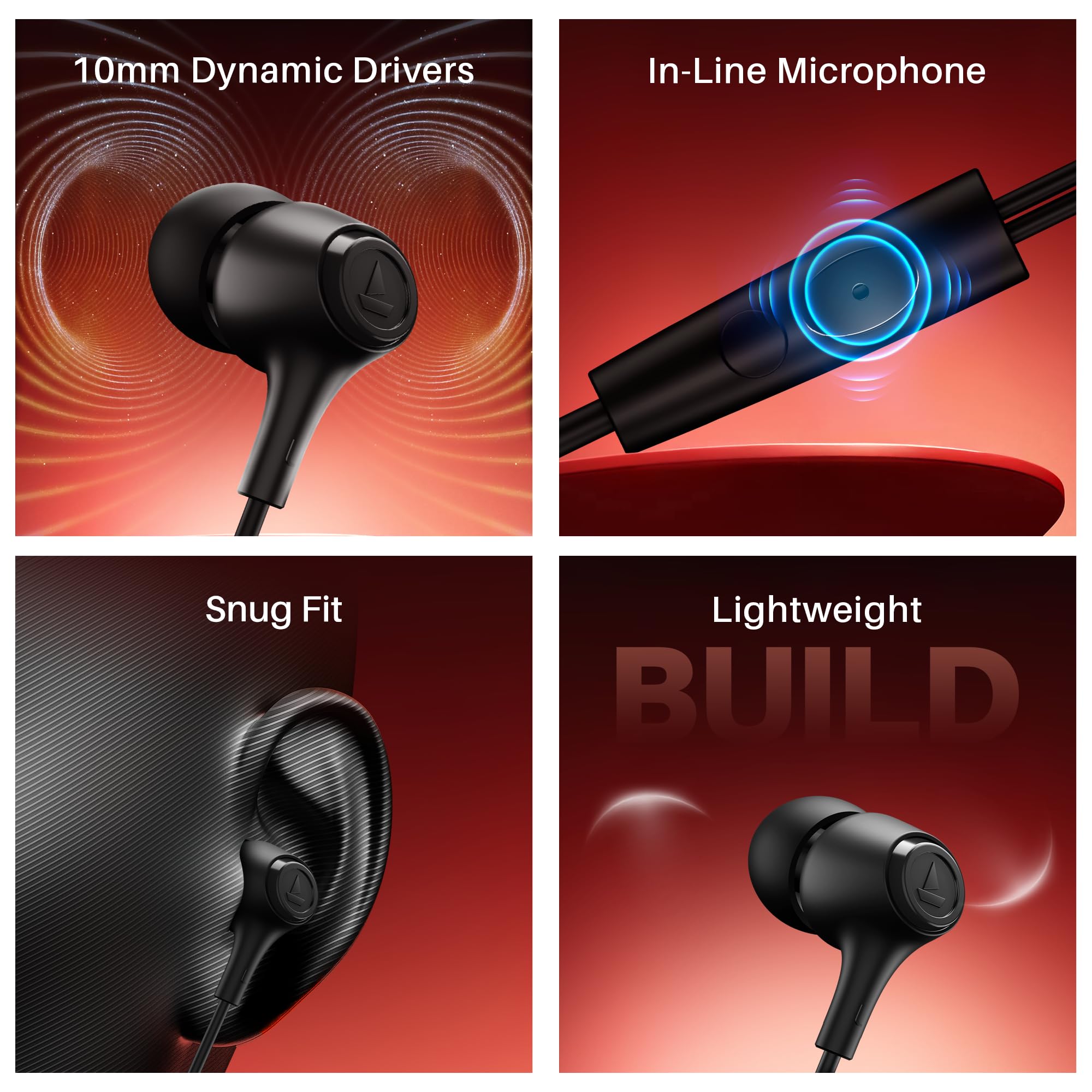 Boat Bassheads 95 Wired in Ear Phones,10Mm Drivers,Signature Sound,in-Line Microphone,Integrated Controls,Snug Fit,Lightweight,Voice Assistant,120Cm Cable & 3.5mm Jack (Active Black)