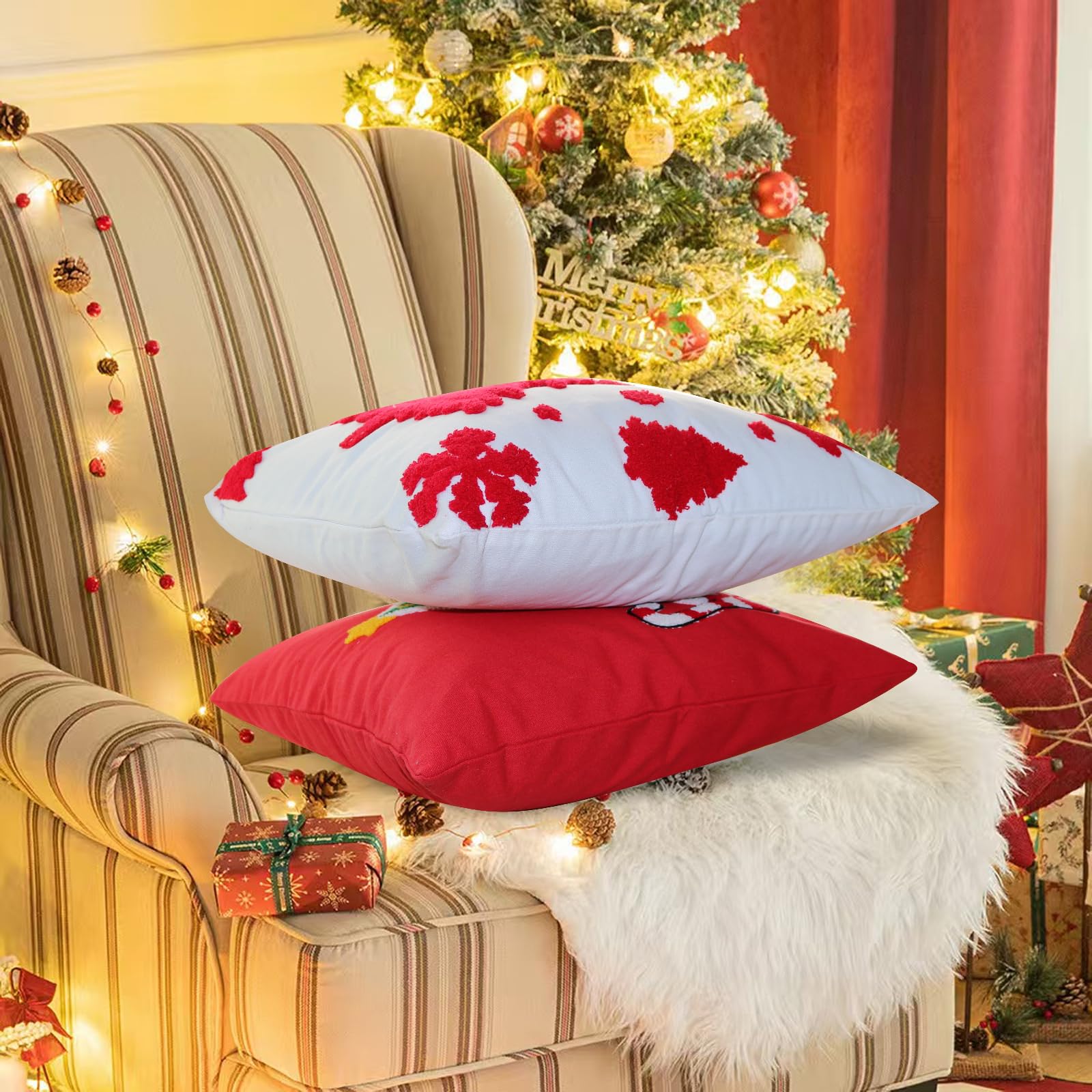 Set di 2 federe per cuscini ricamate con alberi di Natale, per divano, 45 x 45 cm, decorazione natalizia per la casa (rosso)
