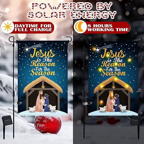 Miniatura 4 de Ganeen Banderas de jardín de Navidad iluminadas de 12 x 18 pulgadas, banderas LED de Navidad y soporte para asta de bandera, banderas de invierno