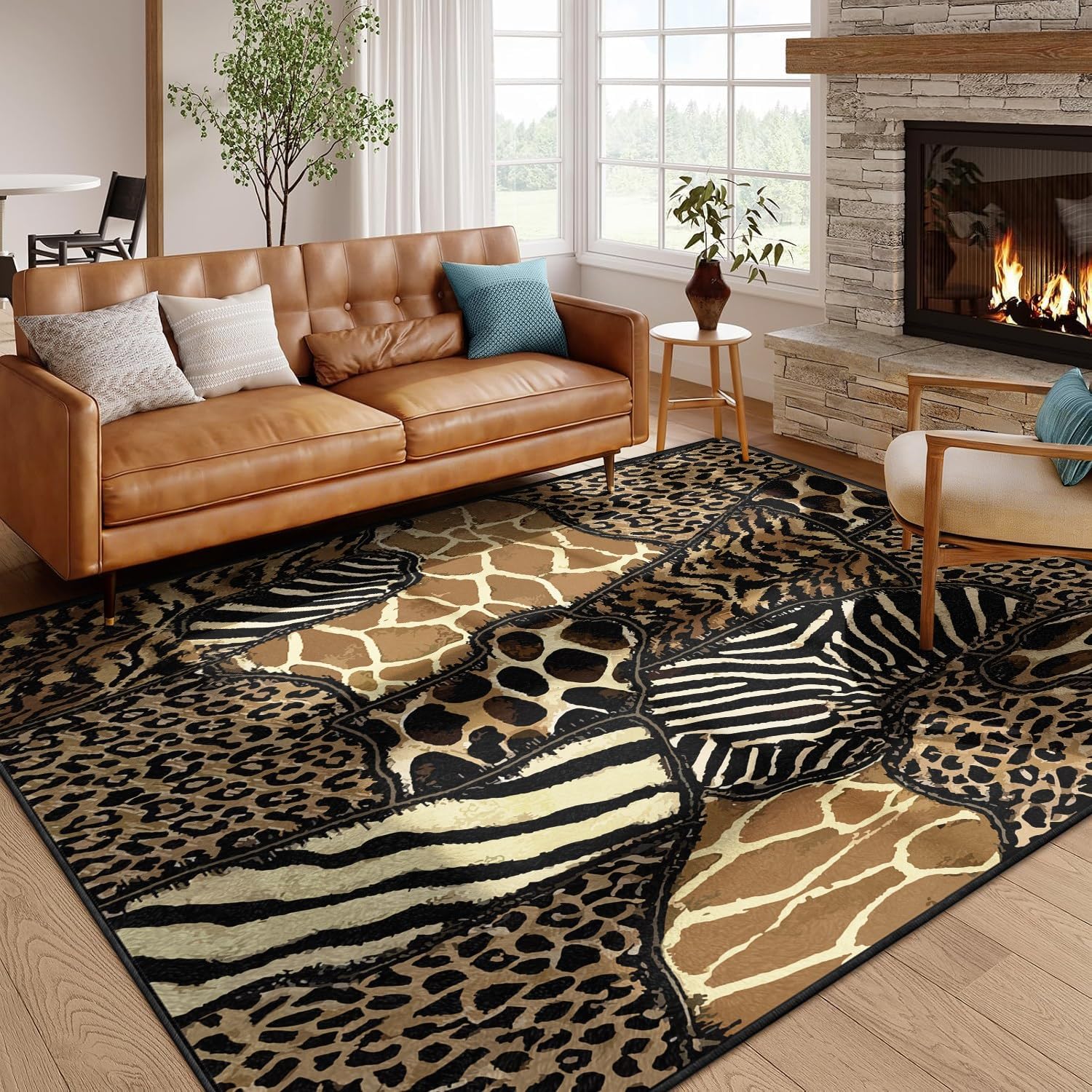 Bycmuoz Wild Animal Print Area Rug for Bedroom, 60x110cm, Zebra Leopard Giraffe Pattern Carpet, Soft Washable Non Slip Rug, Foldable Floor Mat for Living Room Dorm