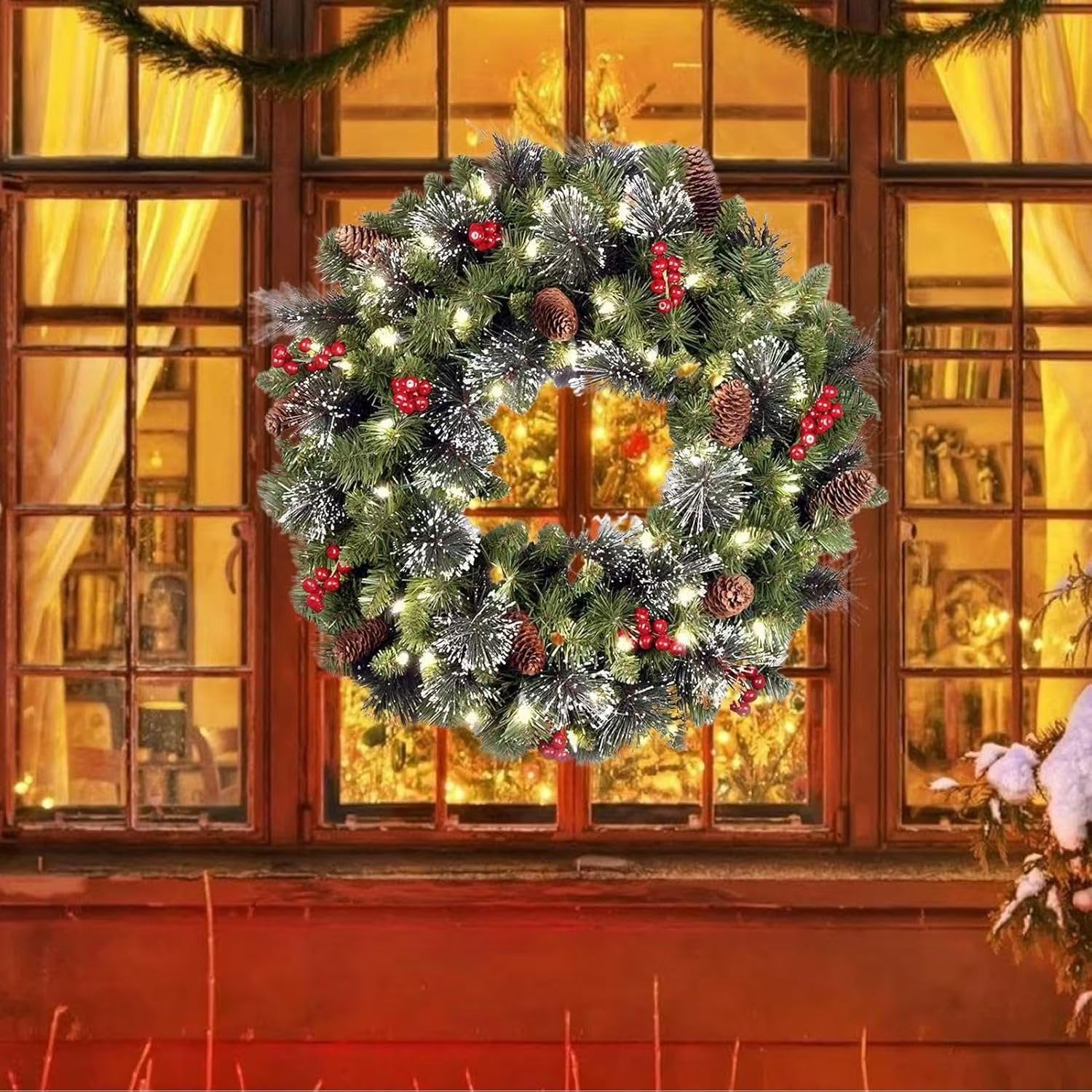 Ghirlanda Natalizia 40 Cm Con LED E Gancio – Decorazione Da Porta, Finestra O Camino, Per Interni Ed Esterni