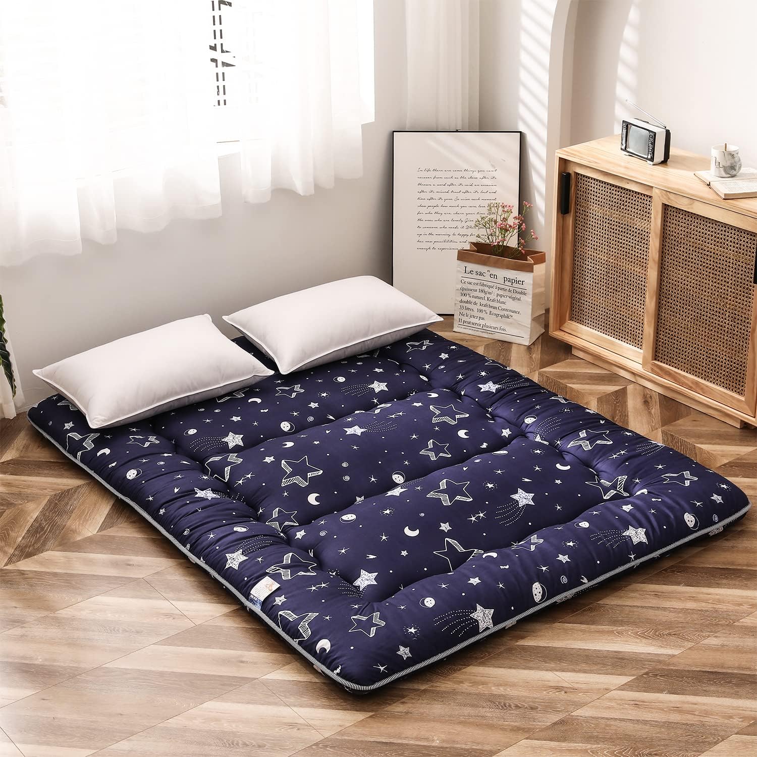 MAXYOYO Navy Star Futon Mattress Japanese Tatami Mat Foldable Bed Portable Camping Mattress Kids Sleeping Pad Floor Lounger Couch Bed, Full
