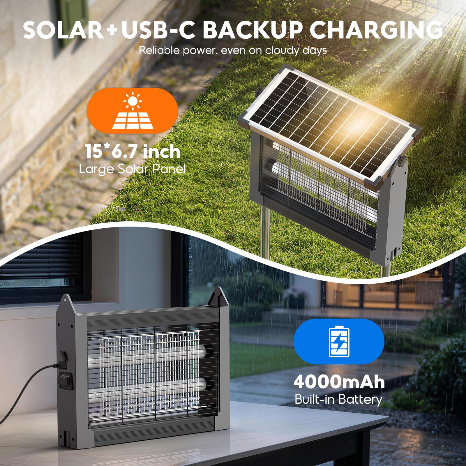 Solar Bug Zapper Outdoor Wasserdicht Moskito Zapper Outdoor 4500V Elektrischer Insektenvernichter Indoor w/Smart Lichtsensor Mückenfalle Fliegenvernichter Solarbetrieben für Terrasse Küche Garage Hof